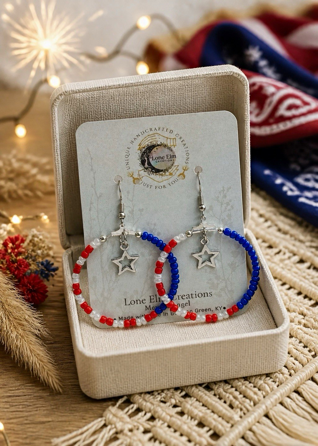 Lone Elm Creations Red White & Blue Beaded Hoop Dangle Earrings Star Hook