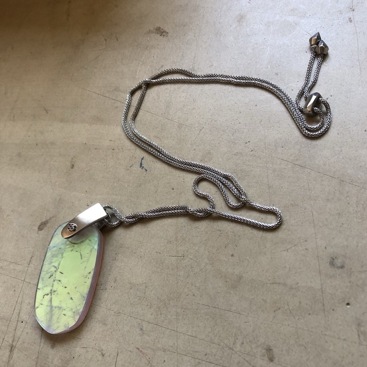 Silver-tone Necklace with Iridescent Glass Pendant