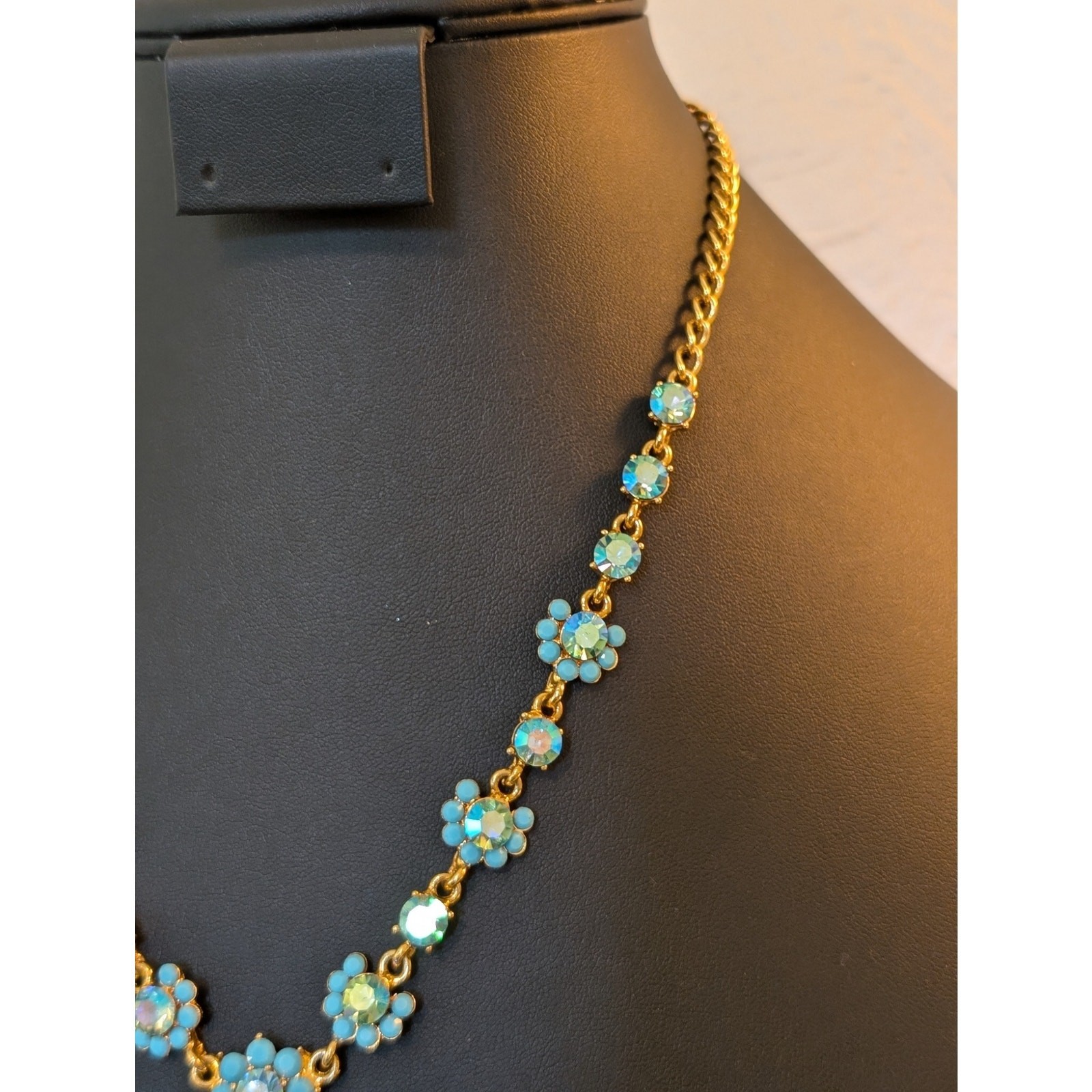 Authentic Cara Blue AB Crystal Gold Tone Pendant 16″ – 20.5″ Necklace