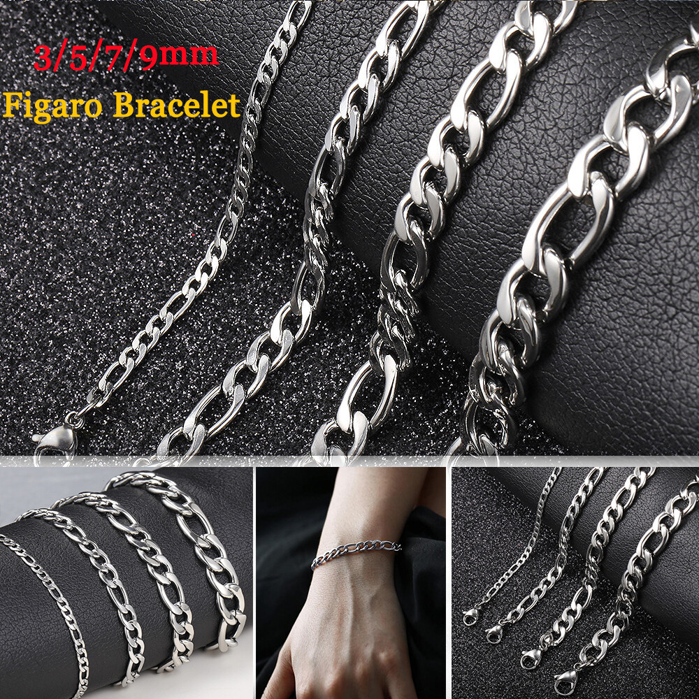3-9mm Mens Gold Plated Stainless Steel Figaro Chain Bracelet Father’s Day Gift