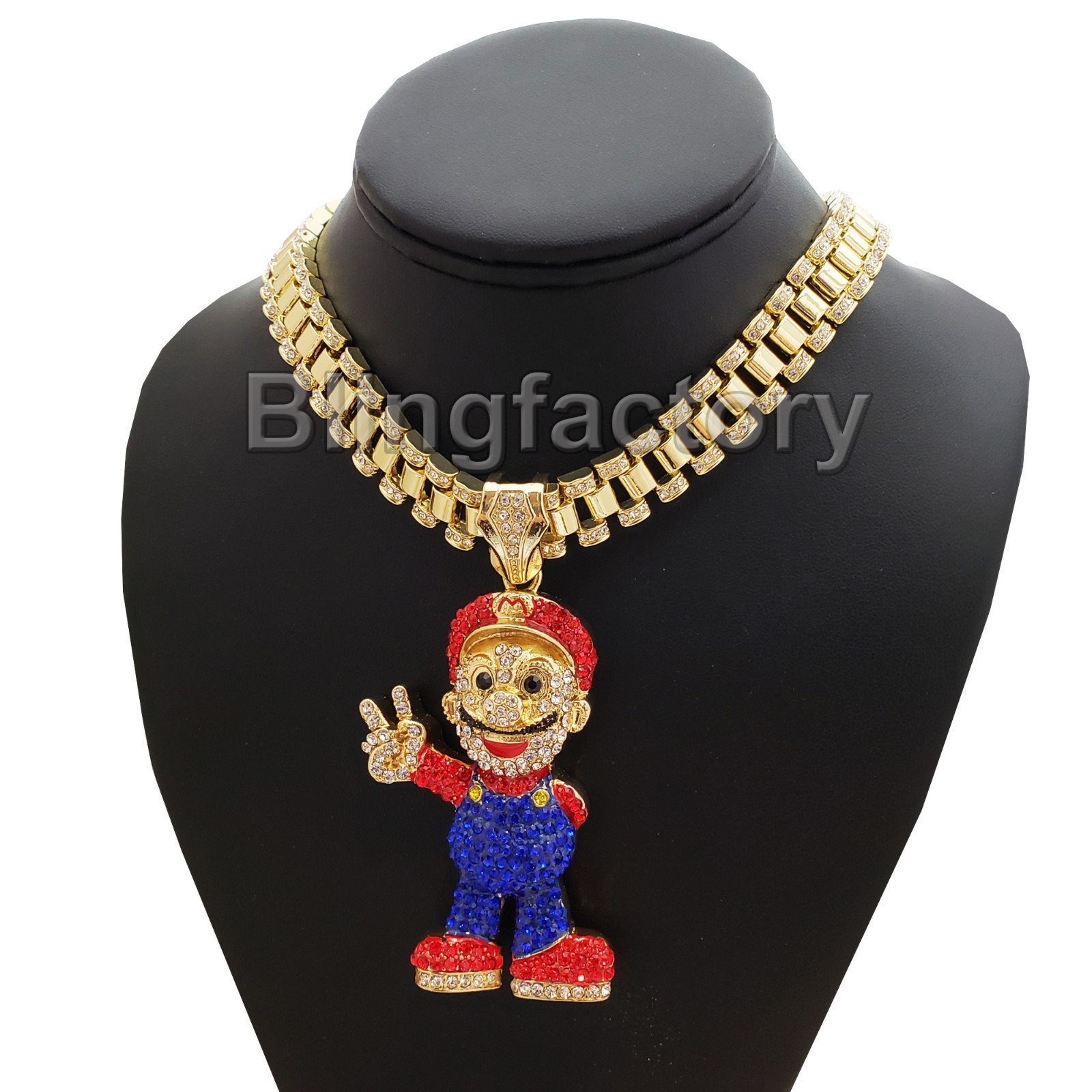 Hip Hop Iced Super Mario Pendant & 18″ Iced Rollie Link Choker Chain Necklace