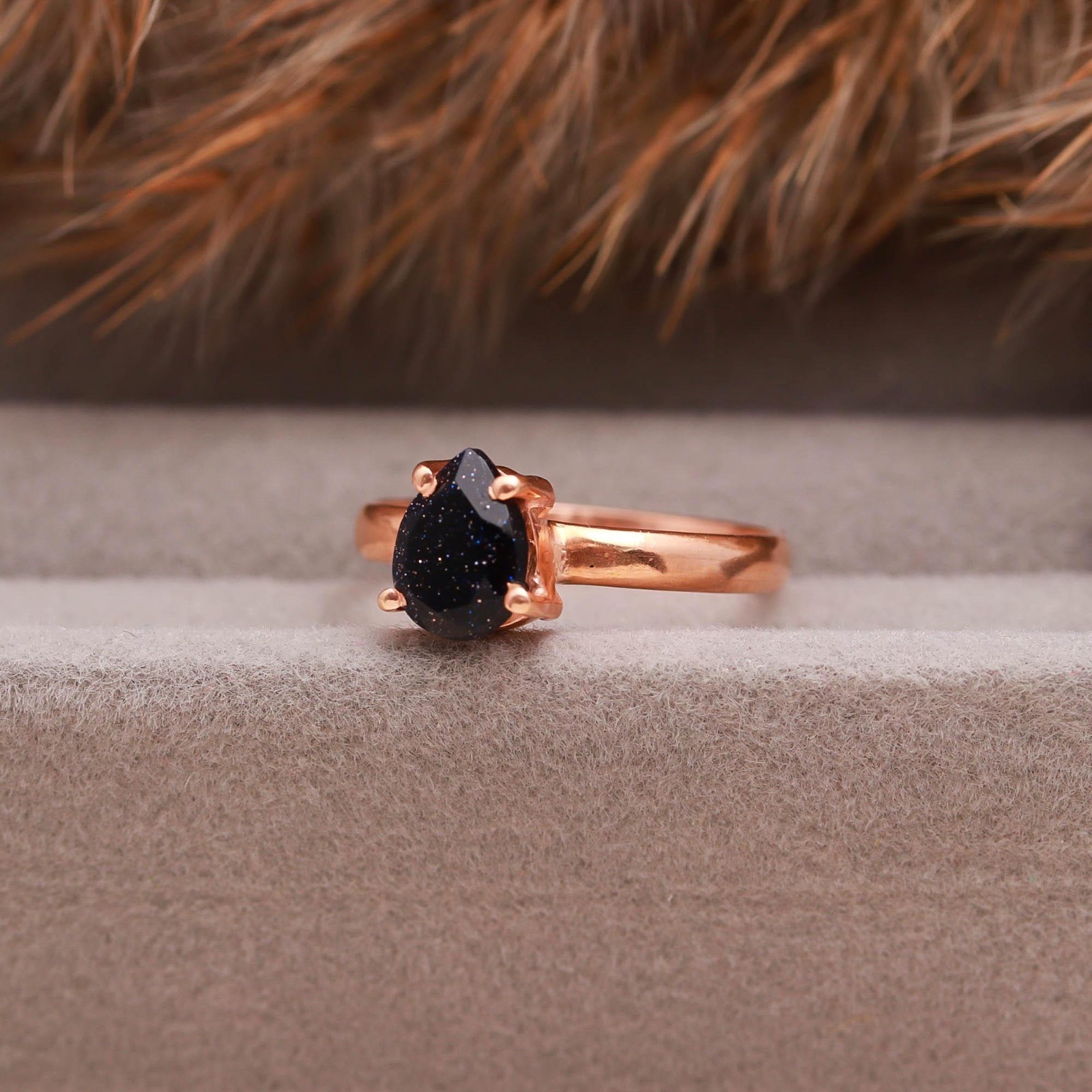 Natural Sandstone Pear Ring Rose Gold Plated 925 Sterling Silver Vintage Jewelry