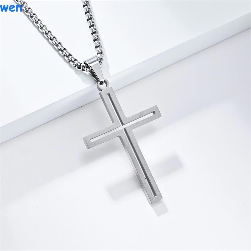 Men Women Simple Cross Necklace Stainless Steel Plain Pendant Box Chain Gift Boy