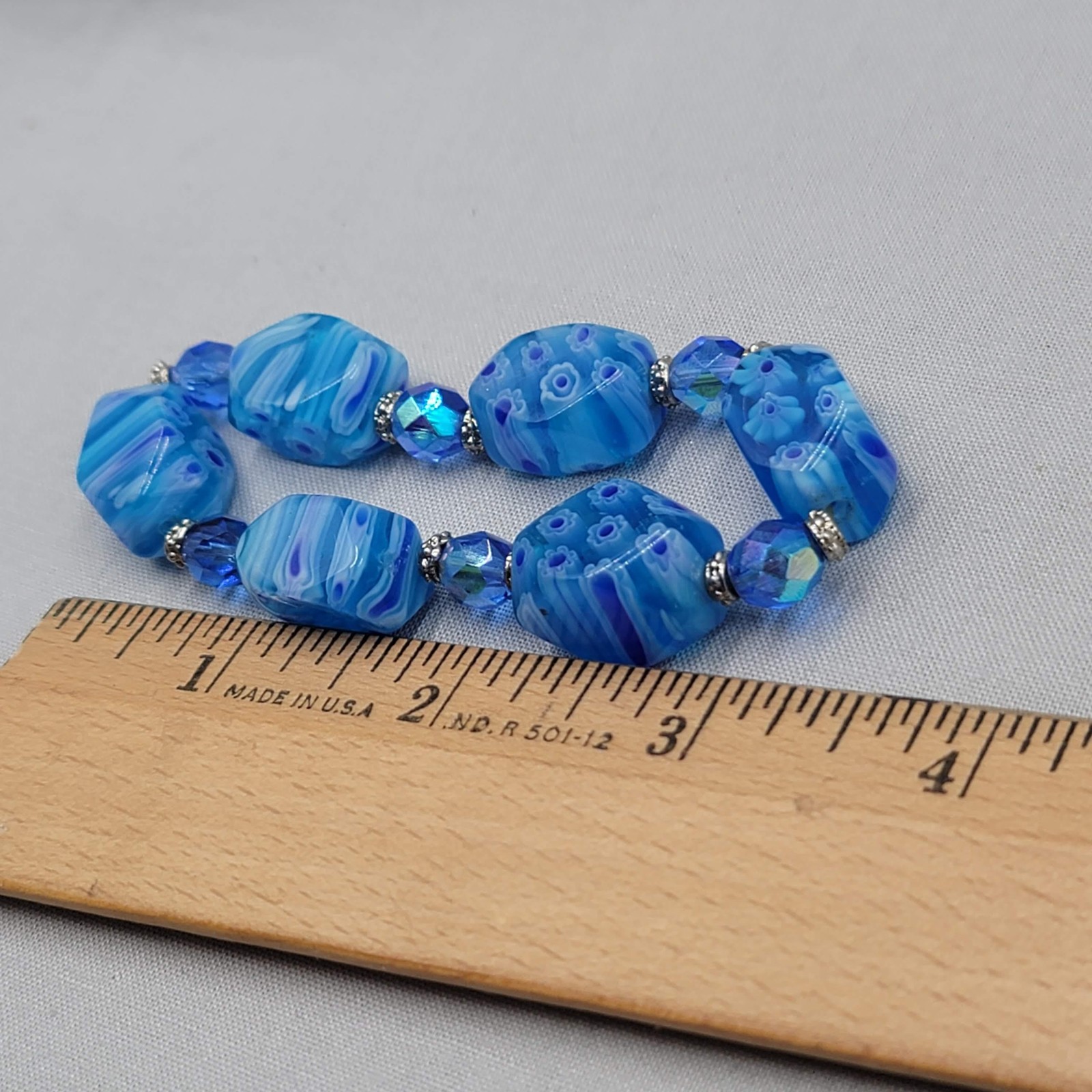 Chunky Blue Glass Beaded Bracelet Womens 6 In Stretch Millefiori Style Jewelry