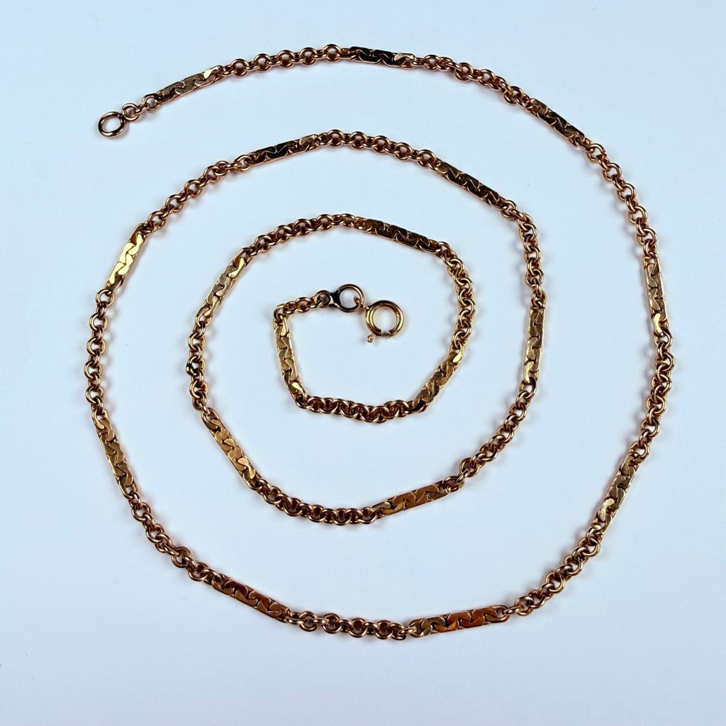 14K Solid Yellow Gold Cable & Flat C Link Chain Unique Necklace 19.75″ Vintage
