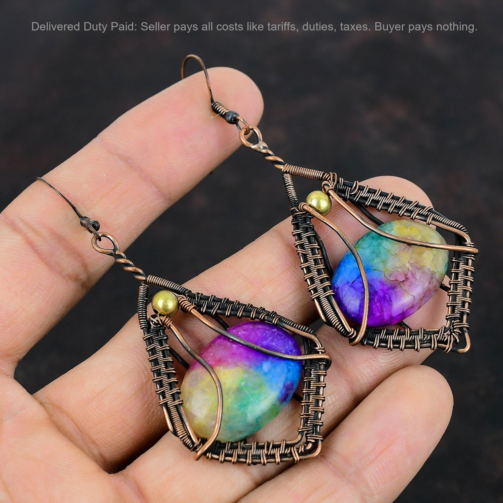 Copper Rainbow Solar Quartz Druzy Gemstone Dangle Drop Wire Wrapped New Earrings