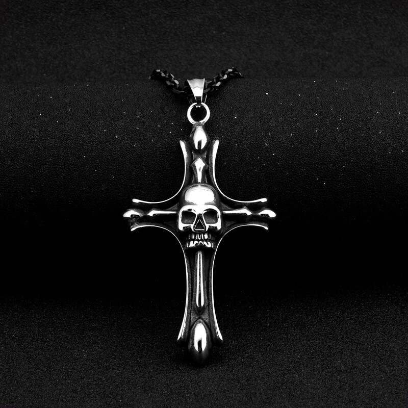 Mens Gothic Skull Cross Pendant Necklace Biker Jewelry Stainless Steel Chain 24″