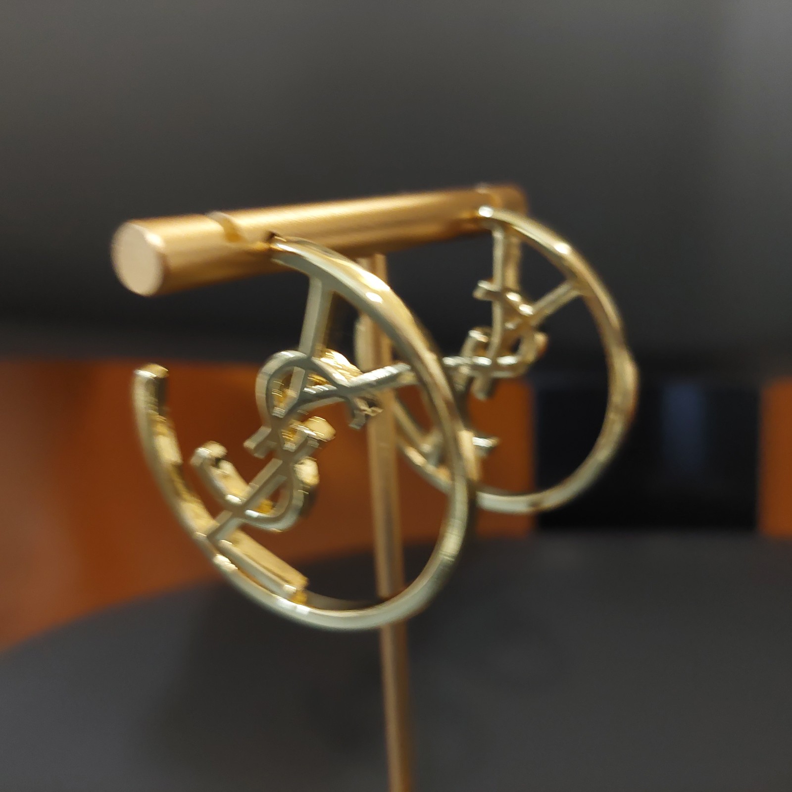 Auth. YVES SAINT LAURENT YSL LOGO Large HOOP EARRINGS Gold Tone