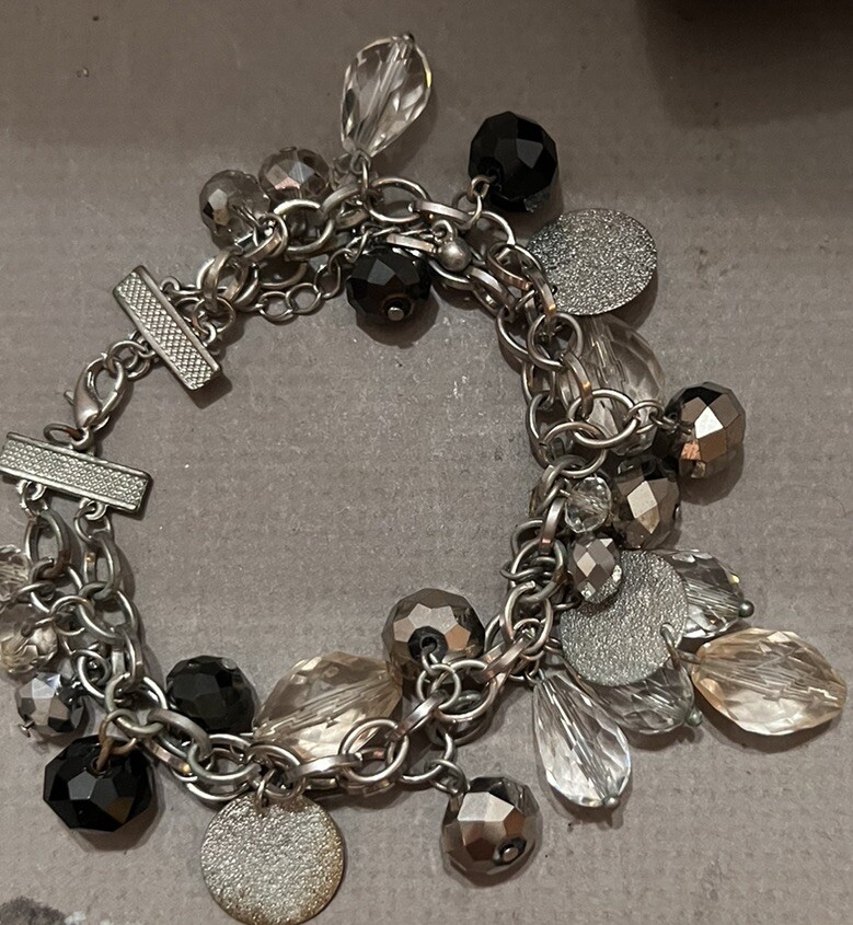 Silvertone Charm Double Strand Bracelet 8” Clear Black Mirror Bead Lobster Clasp