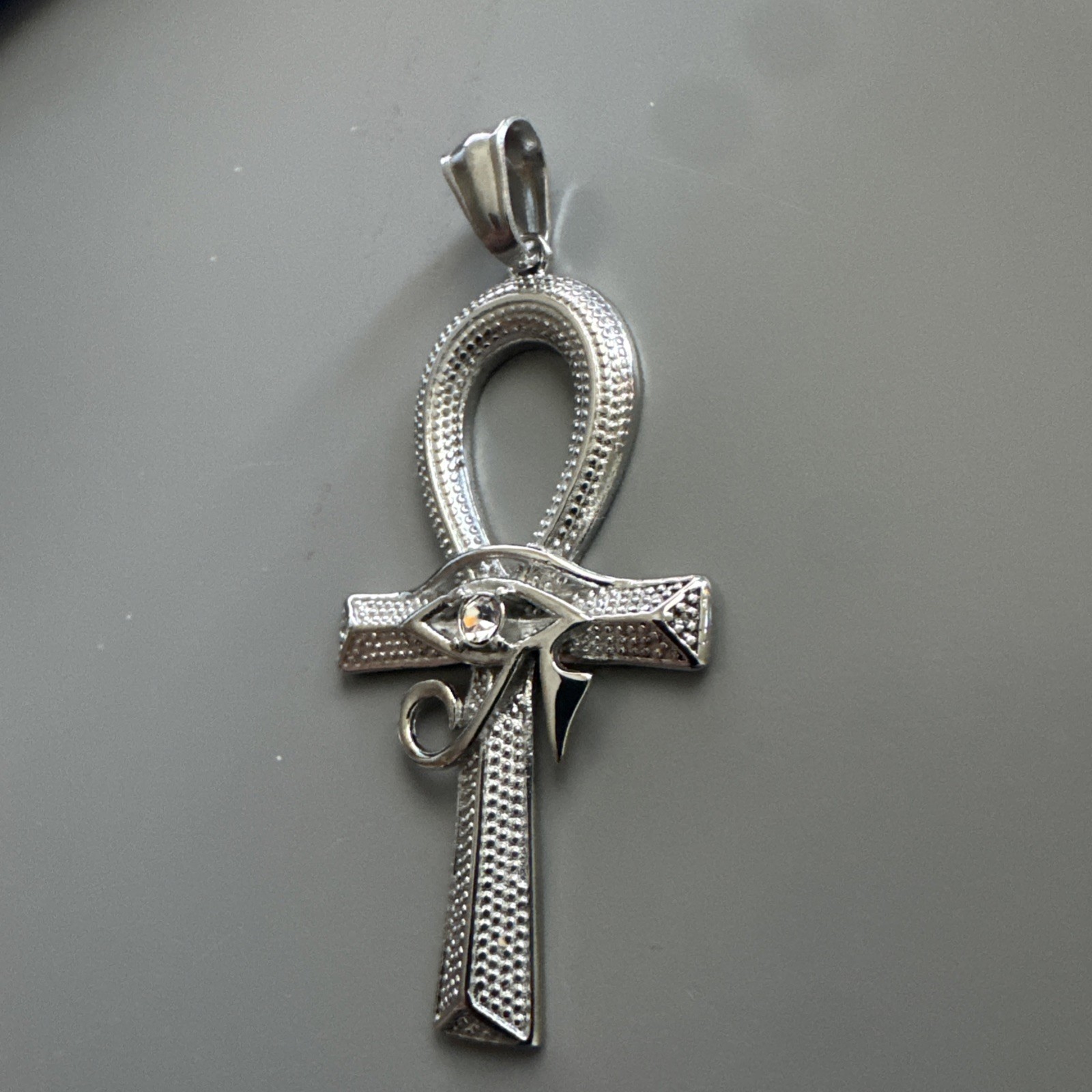 Silver Plated Stainless Steel Egyptian Ankh Cross Pendant 24” Cubic Zirconia