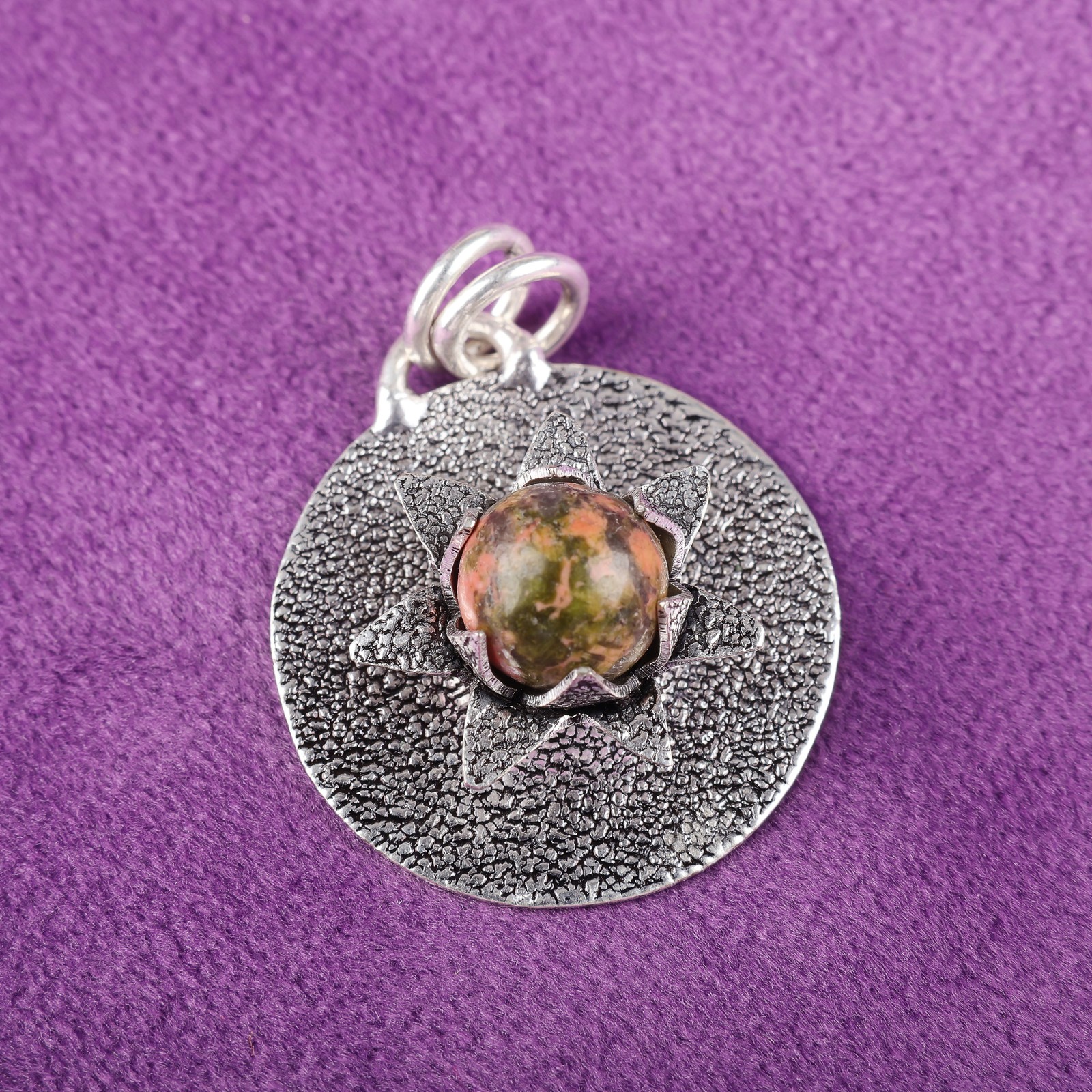 Sterling Silver Unakite Jasper Stone Sister Heart Chakra Ethnic Pendant Jewelry