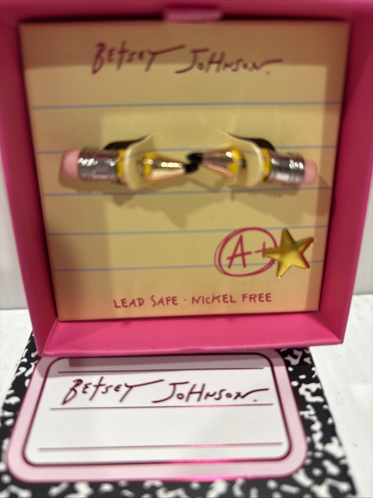 Betsey Johnson Silver Tone & Yellow Enamel Pencil Front Back Stud Earrings NWT