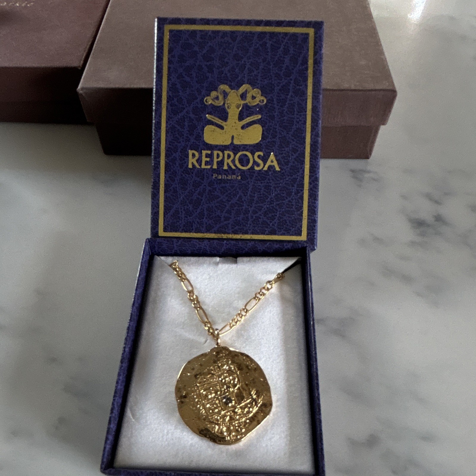 REPROSA Handmade Gold Tone Round Coin Pendant Figaro Chain Necklace, Panama