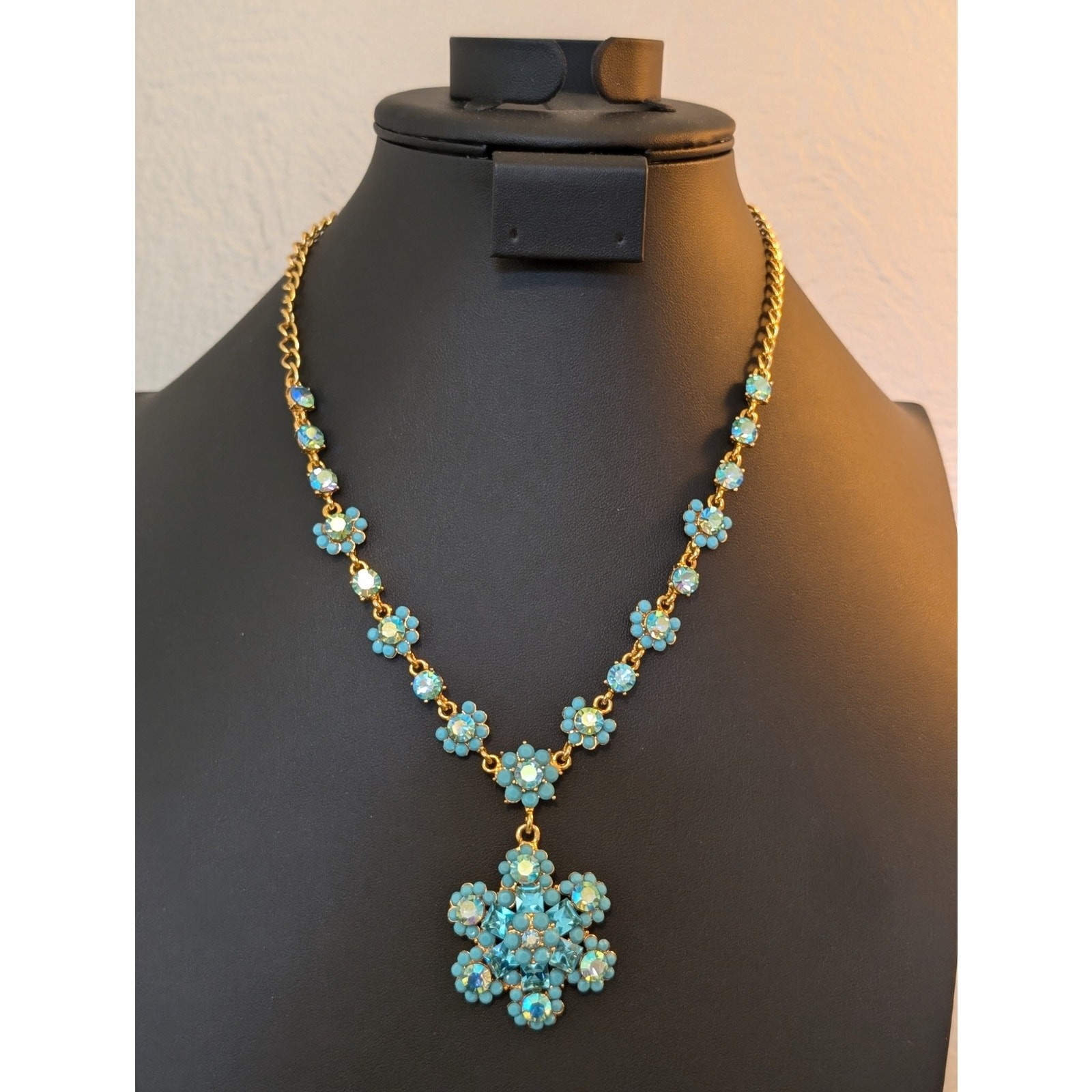 Authentic Cara Blue AB Crystal Gold Tone Pendant 16″ – 20.5″ Necklace