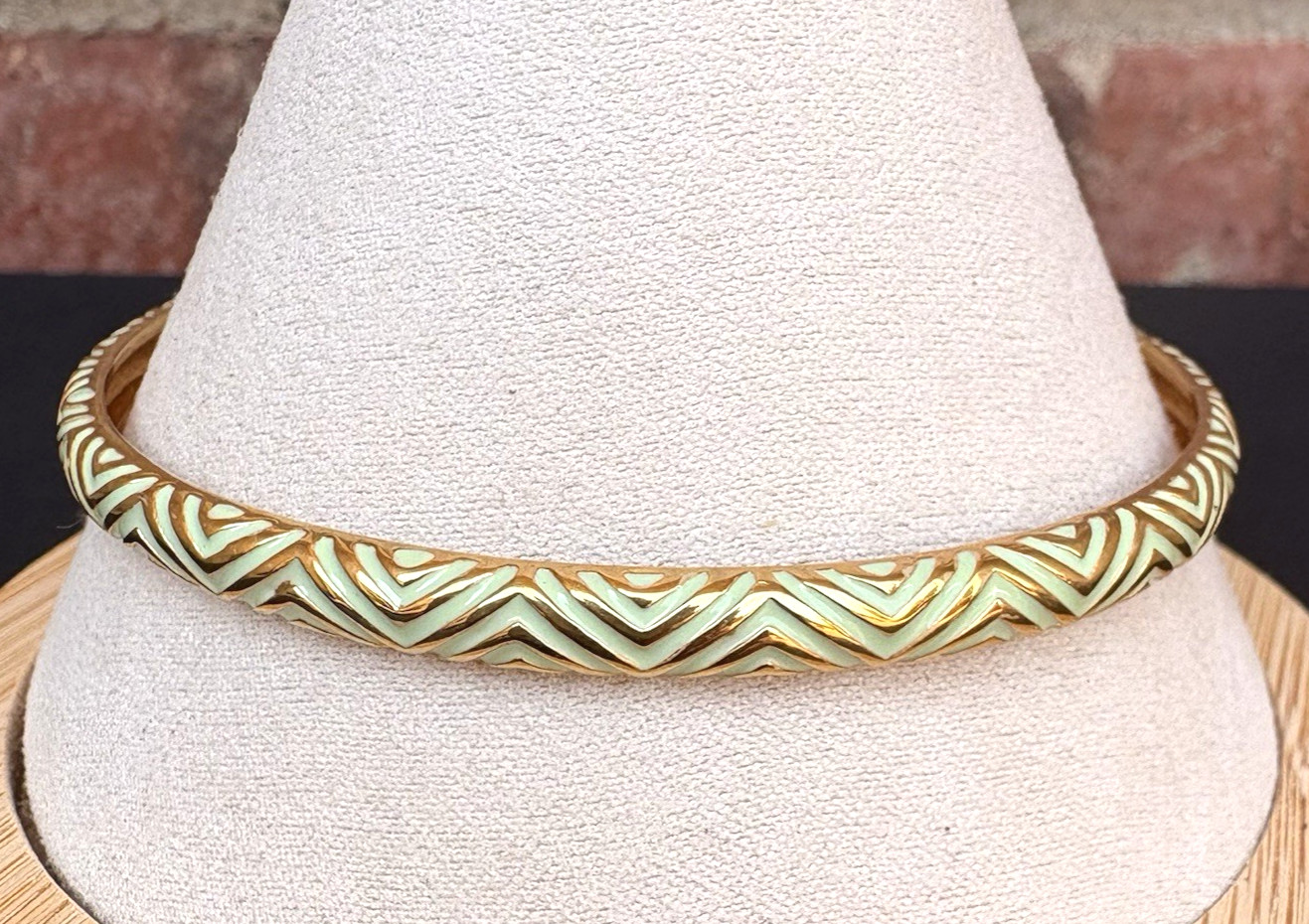 J. Crew Gold Tone Mint Green Enamel Geometric Pattern Thin Bangle Bracelet