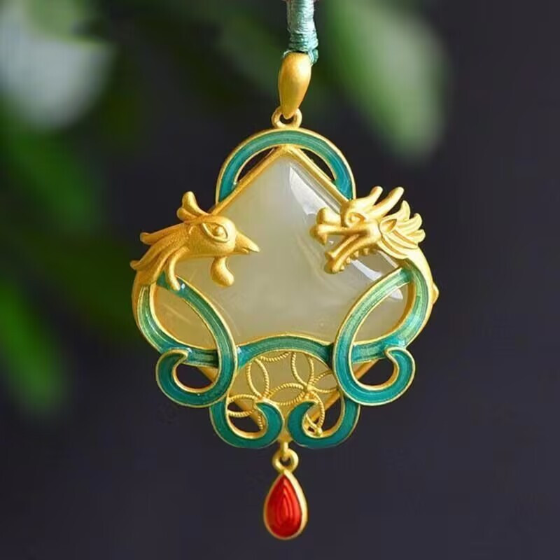 Jade Dragon Phoenix Shape Pendant Jewelry 18K Gold Plated Necklace 45CM Gift NEW