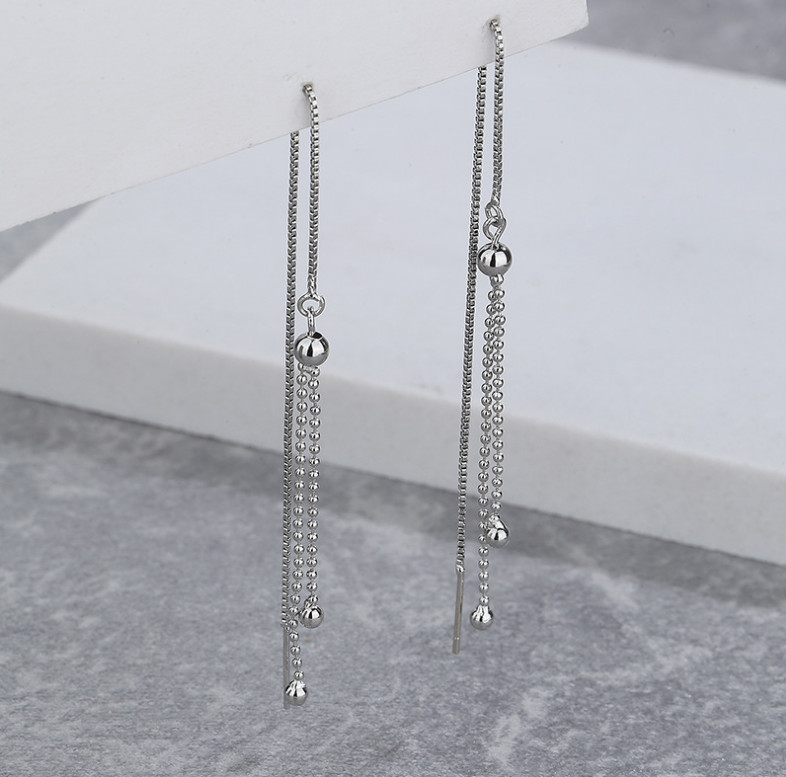 Women Silver Tone Tassel Threader Ball Dangle Drop Pull Earrings Fashion I121