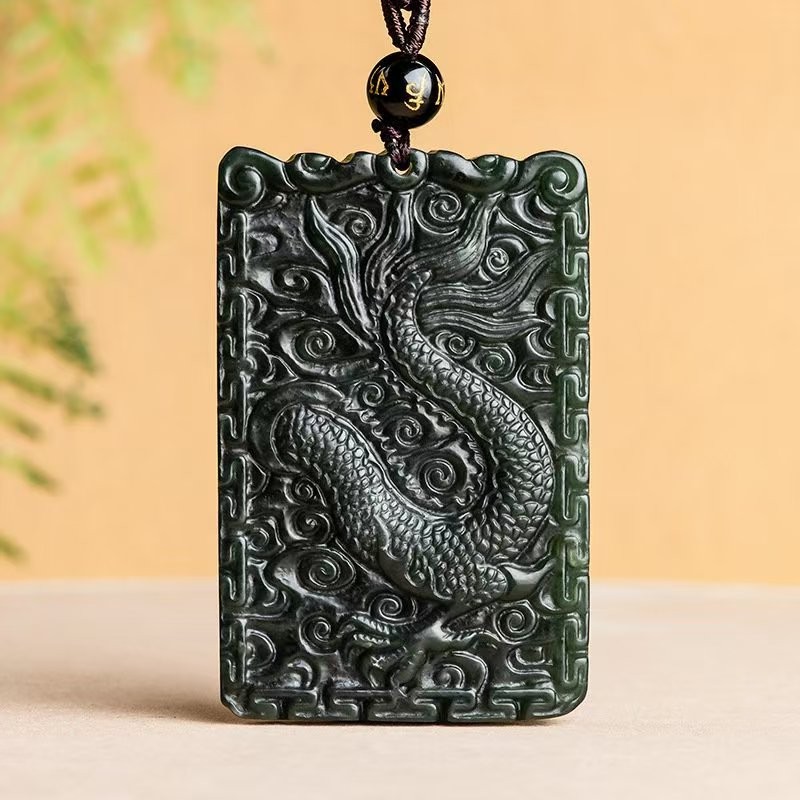 Certified Grade A 100% Natural Hetian Jade Dragon Oblong Pendant 60*38mm