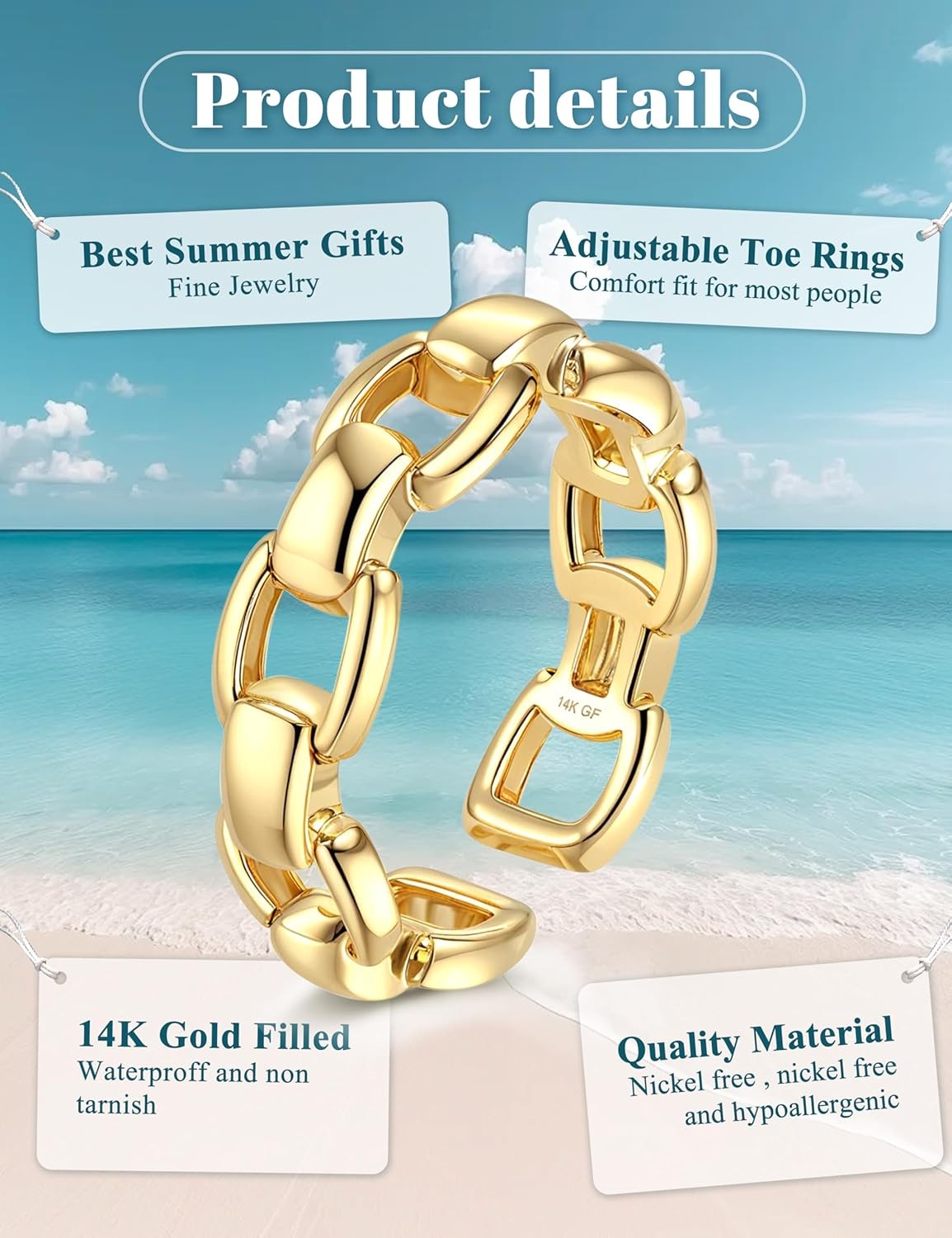 14K Gold Filled Toe Ring for Women Non Tarnish Adjustable Real Gold Jewelry
