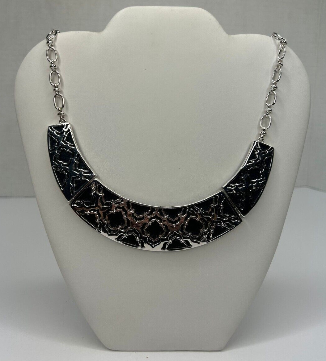 St Thomas Collar Bib Necklace 16in Blue Leather Backed Silver Tone Cut Out NWT