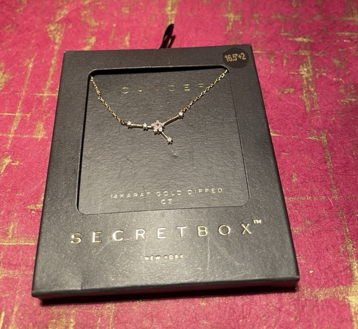 Secret Box Cancer Zodiac CZ Pendant Necklace Gold Plated 16.5″+2″ Adjustable