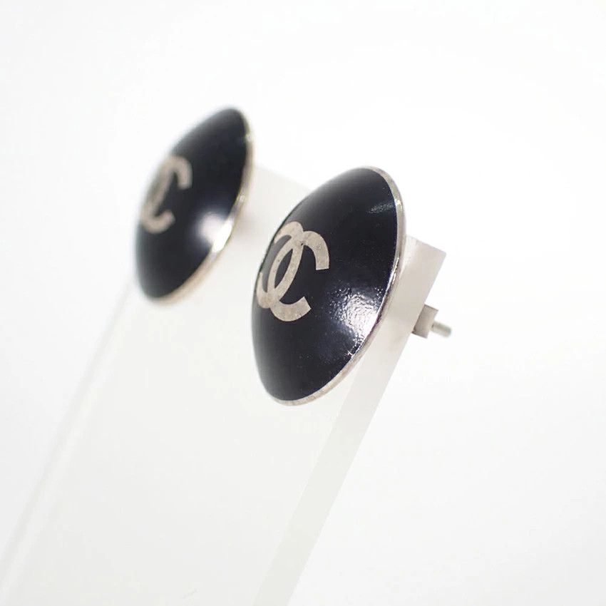 CHANEL Round Button Studs Earrings Black & Silver Metal CC Logo 00T Authentic