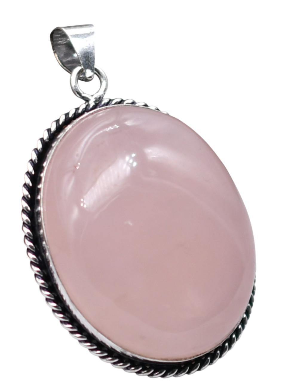 Rose Quartz Natural Gemstone Antique Silver Plated Pendant 2.25″ J 1053