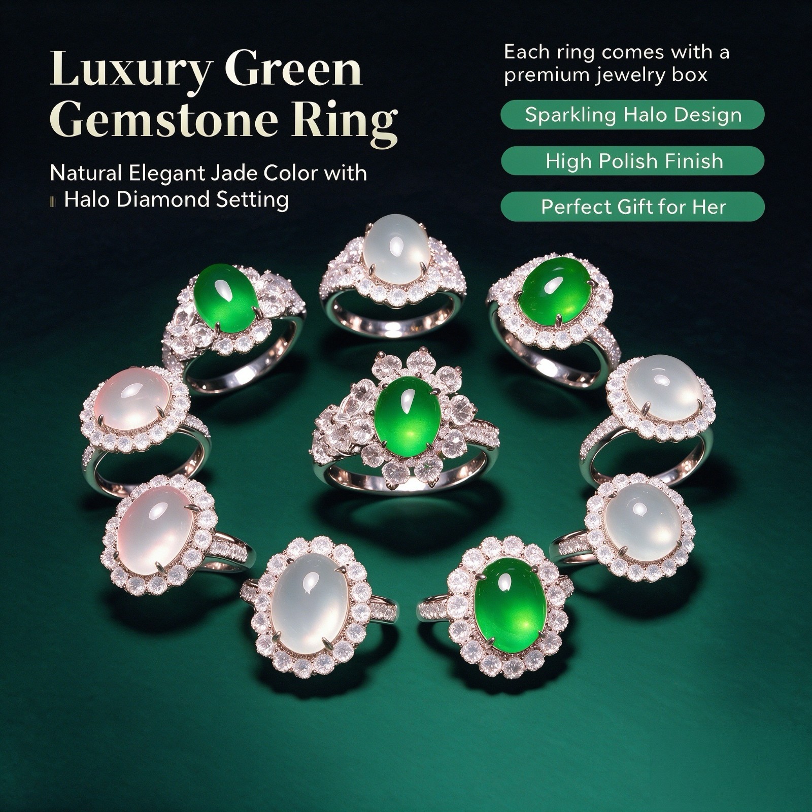 Oval emerald jadeite ring, side-set with zircons, adjustable opening