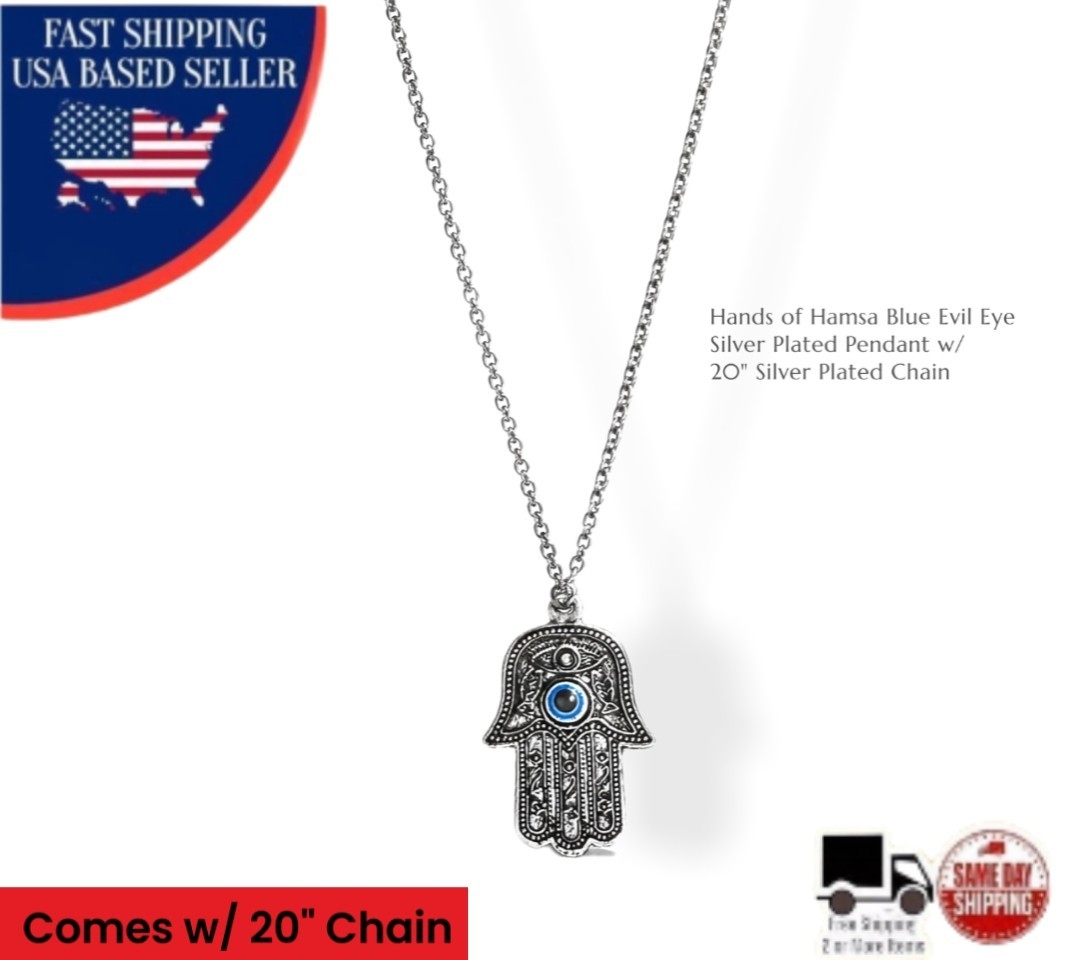 Hands of Hamsa Blue Evil Eye Silver Plated Pendant w 20″ Silver Plated Chain