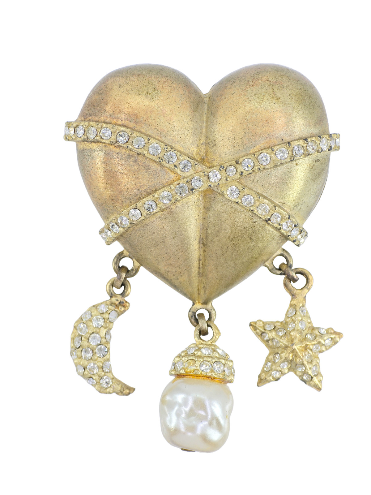 VINTAGE LINDA LEVINSON JEWELED PUFF HEART w/ STAR MOON DANGLE BROOCH 2.5″