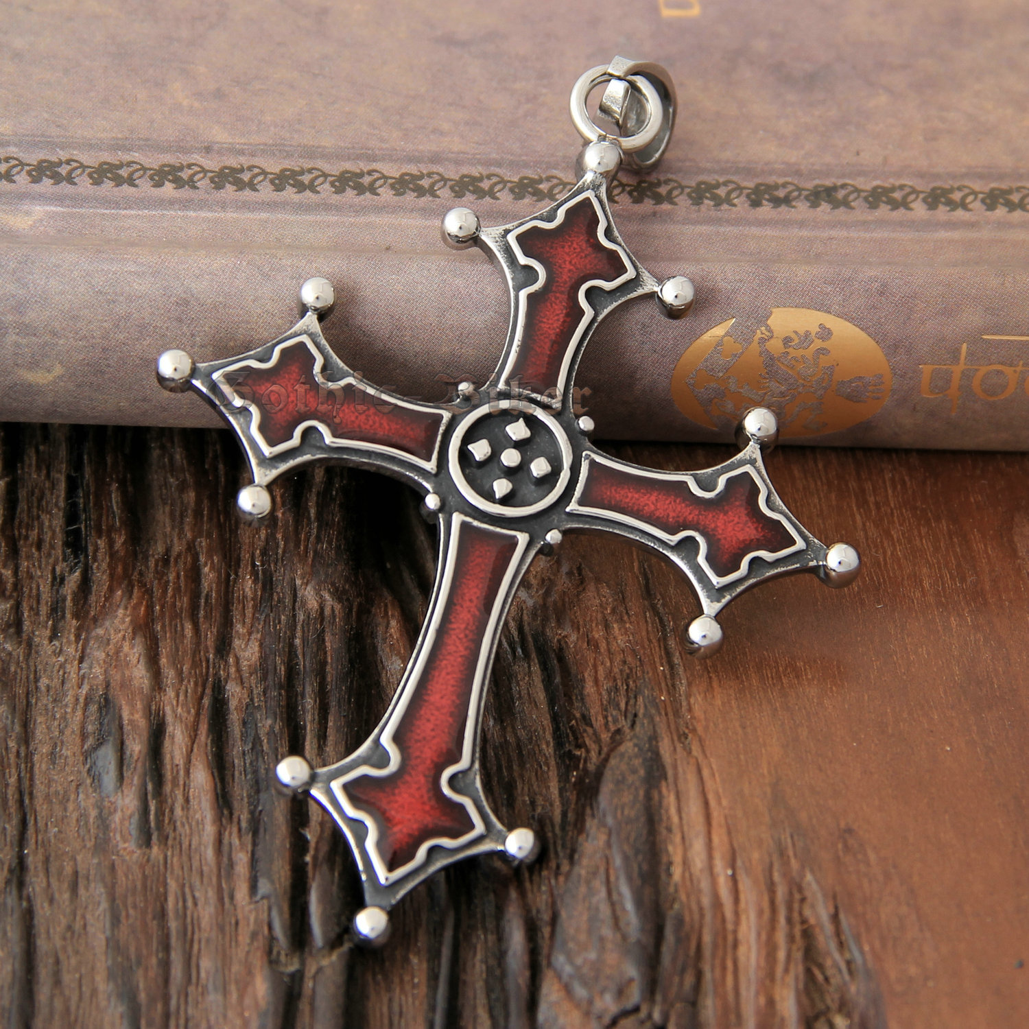 Men’s Gothic Bloody Red Enamel Solid 316L Stainless Steel Cross Necklace Pendant