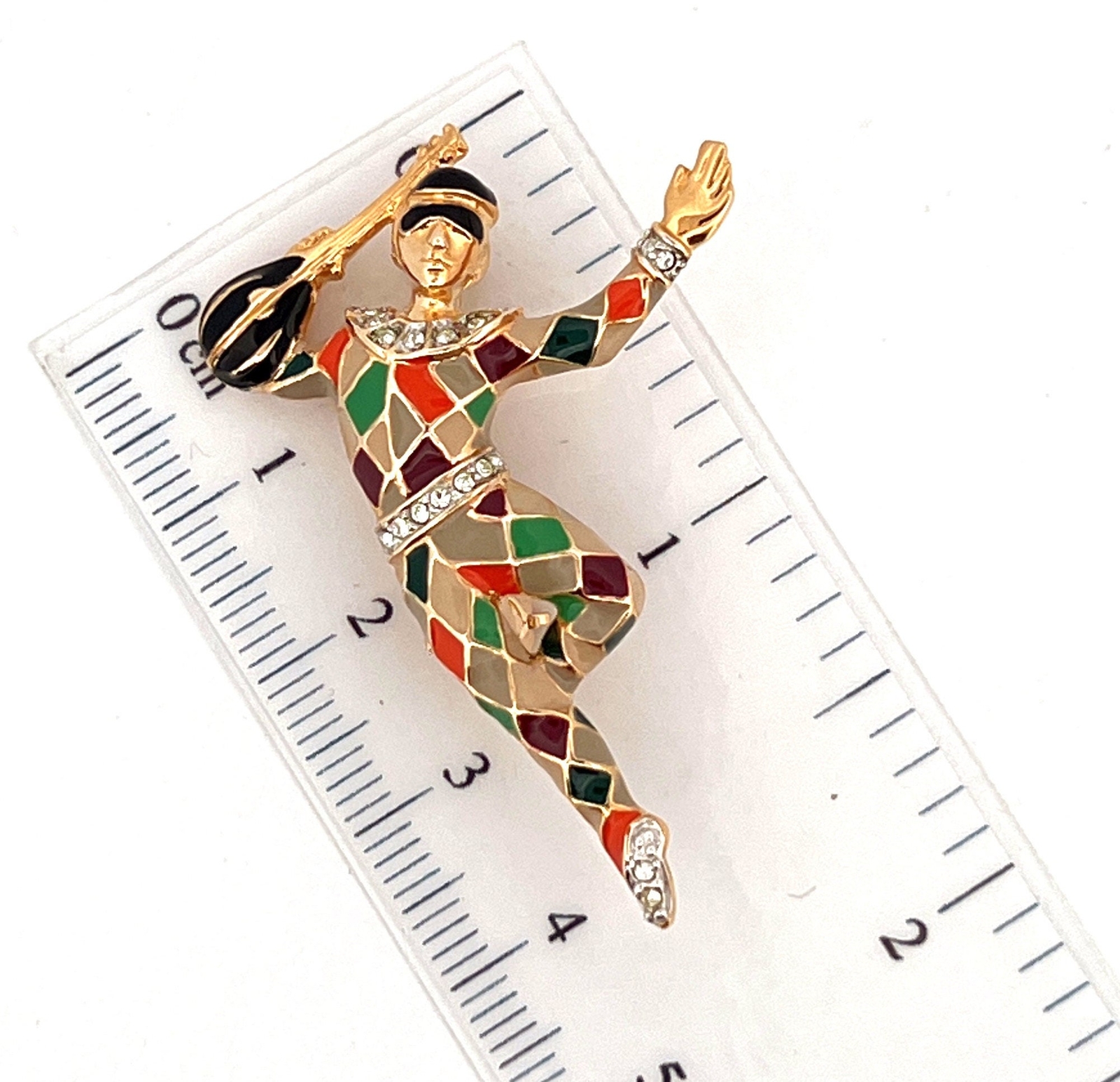 Dancing Harlequin Brooch Gold Plated Metal Alloys With Enamel & Czech Crystals