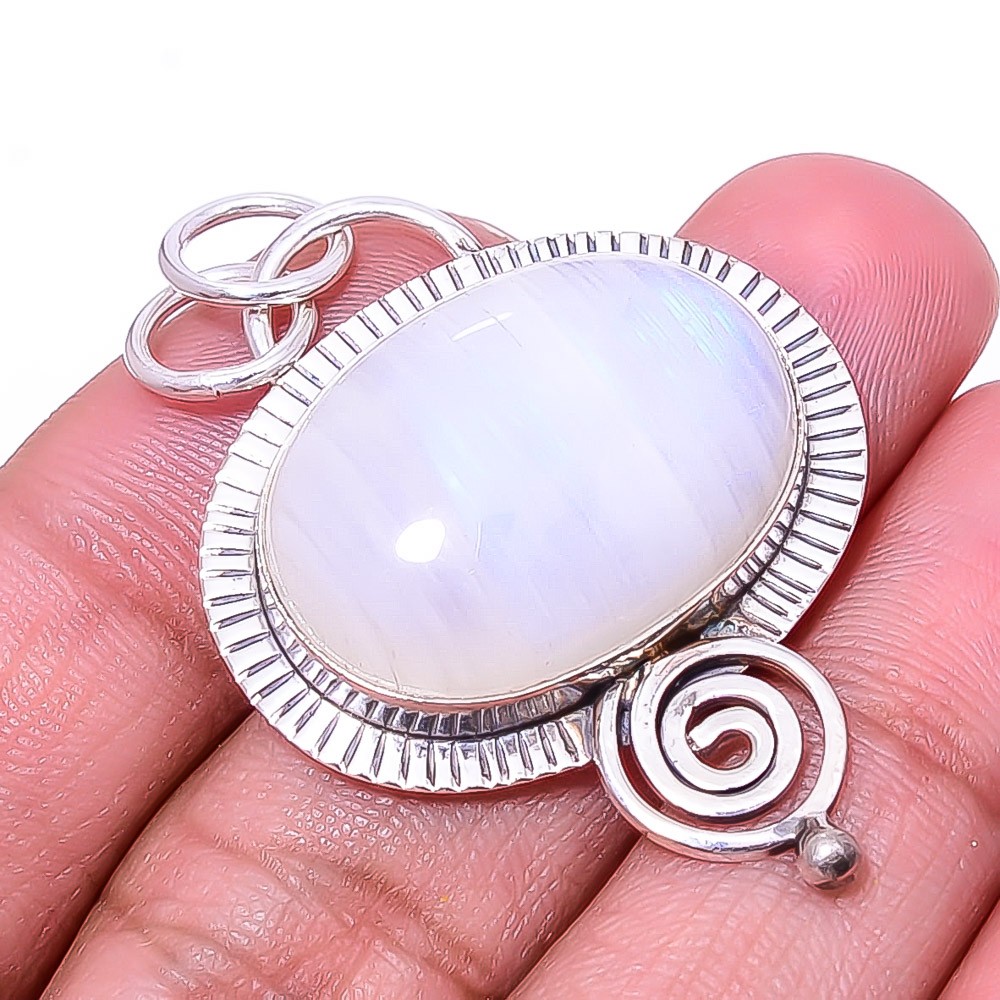 Natural Rainbow Moonstone – India Gemstone 925 Sterling Silver Pendant 1.76″P27