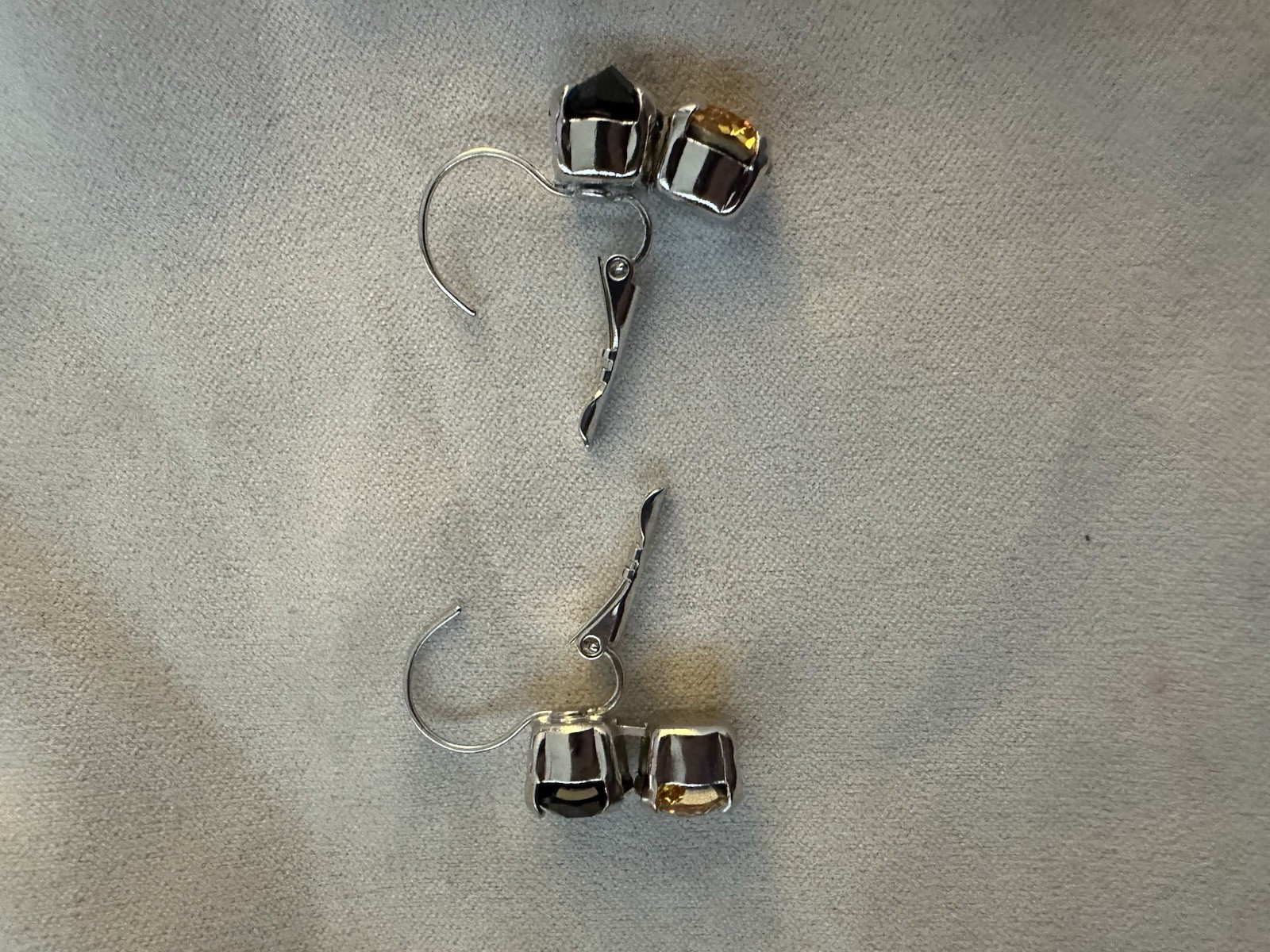 Silver Tone Leverback Dangle Earrings with Yellow & Black Crystal Jewelry