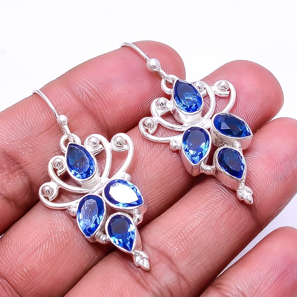 Blue Sapphire -Simulated Multi Collet 925 Sterling Silver Earring 1.95″ E8045622