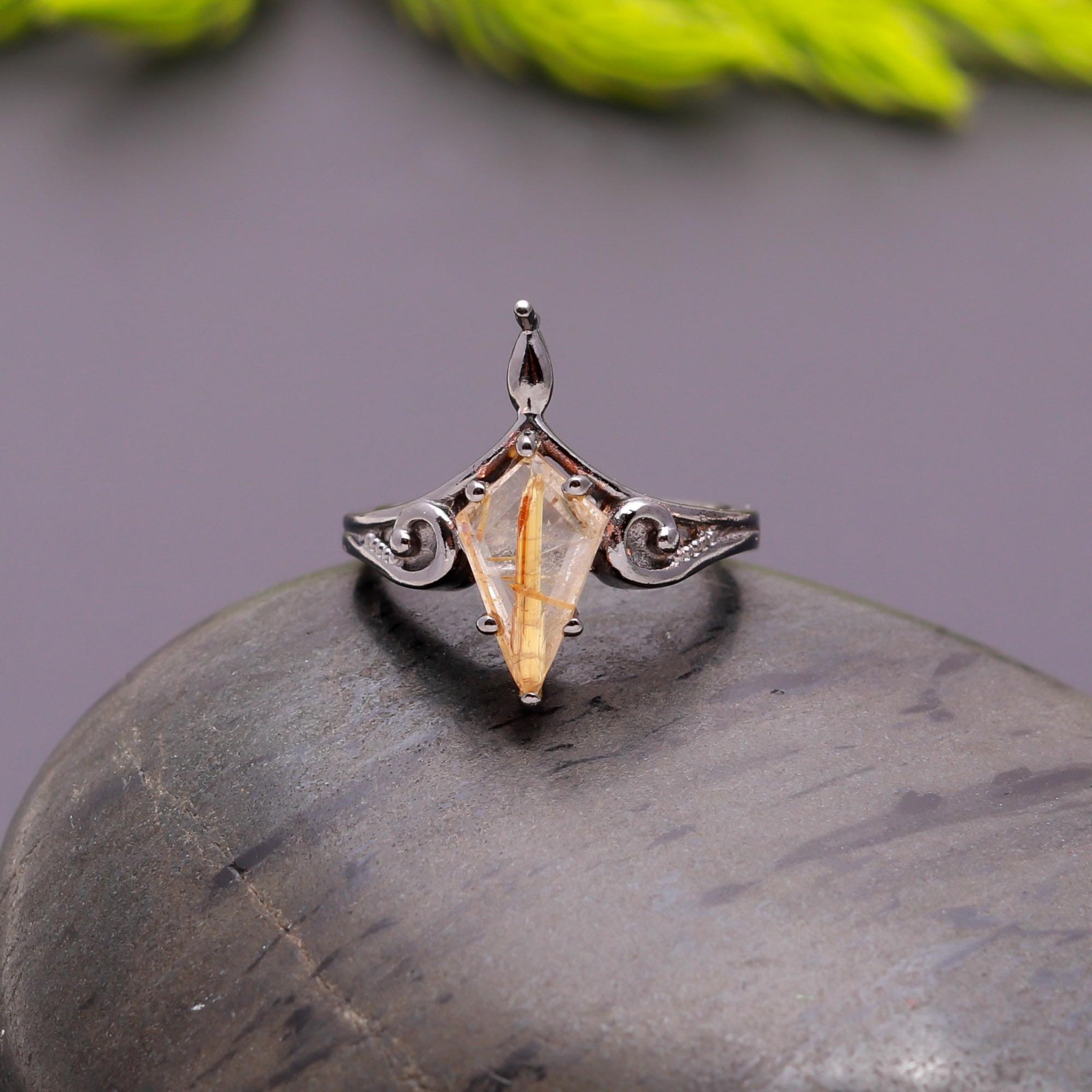 Golden Rutile Kite Ring Black Oxidized 925 Sterling Silver Jewelry For Lovers