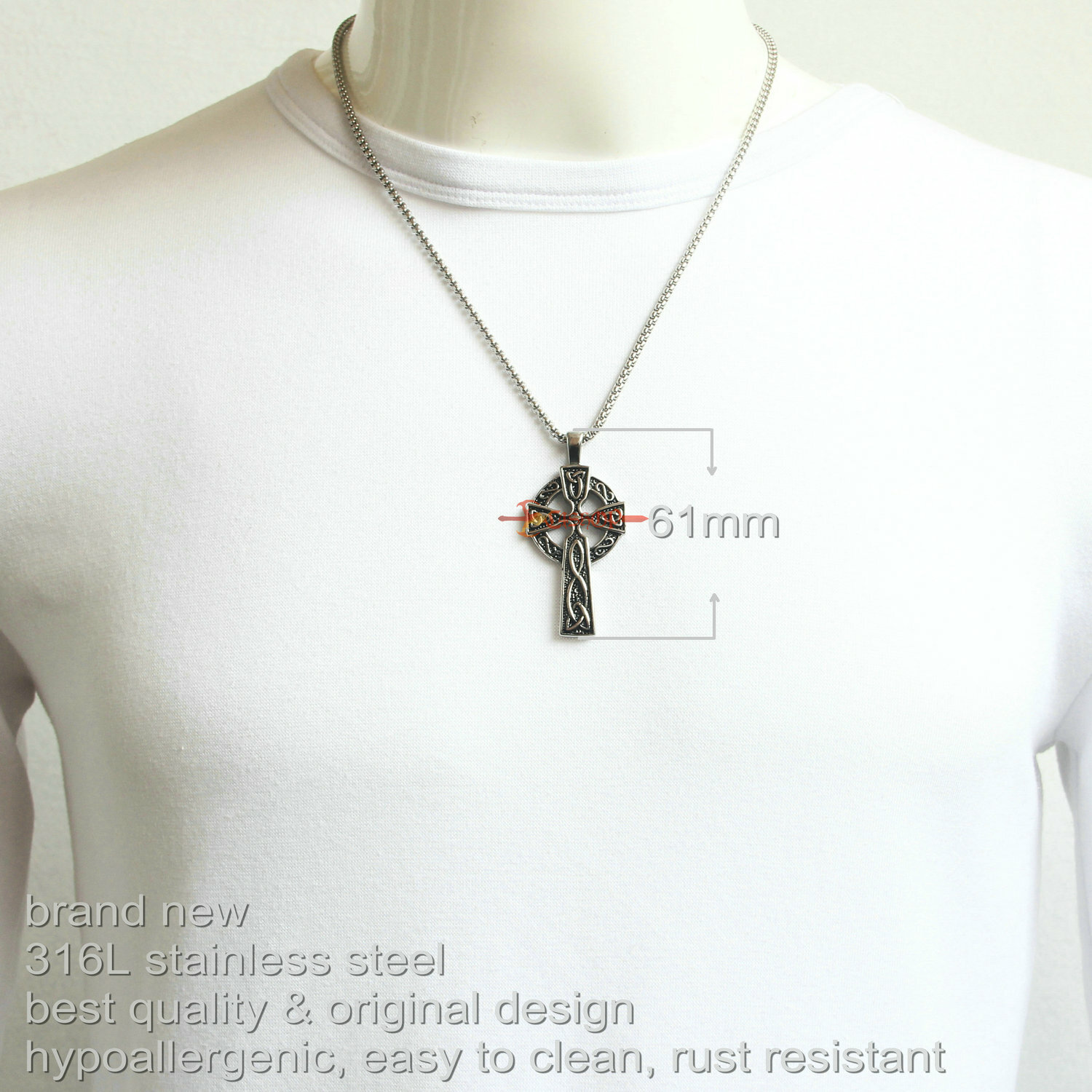 Mens Celtic Cross Pendant Chain Necklace Stainless Steel Irish Knot Silver/Black