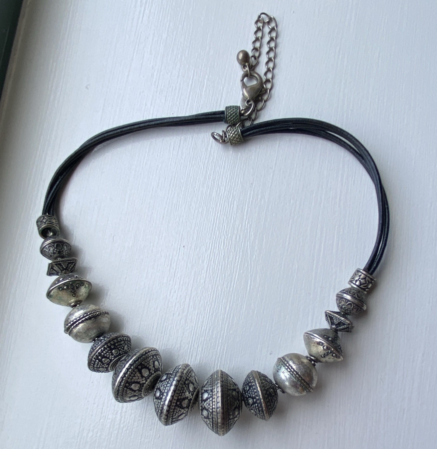 Silver Tone Beaded Necklace, Black Leather Cord Chain, Lobster Clasp, Bohemian