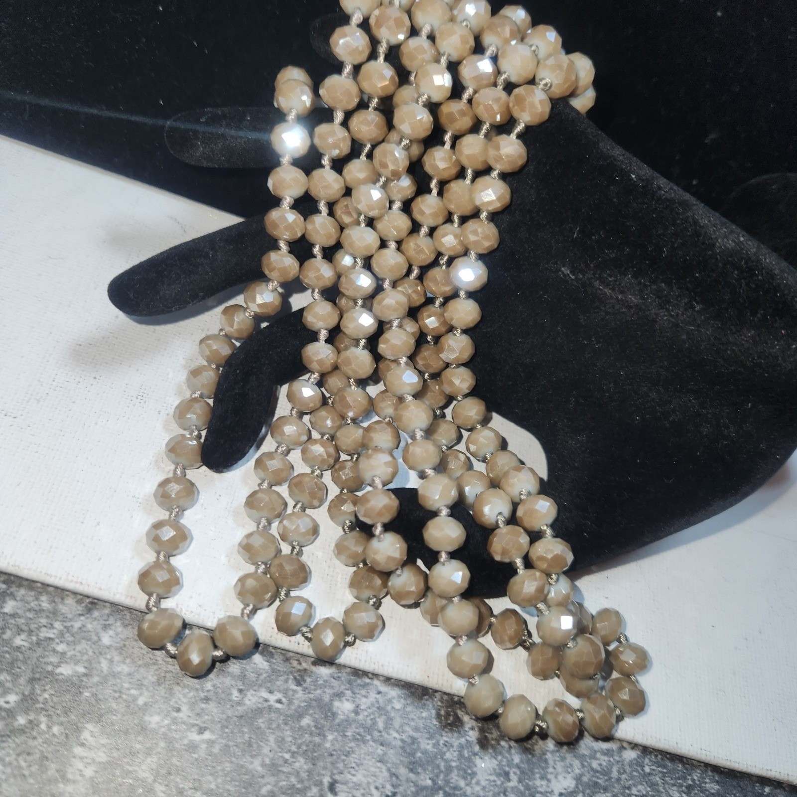 Champagne Iridescent Faceted Glass Bead Hand Knotted Long Rope Necklace 62 Inch