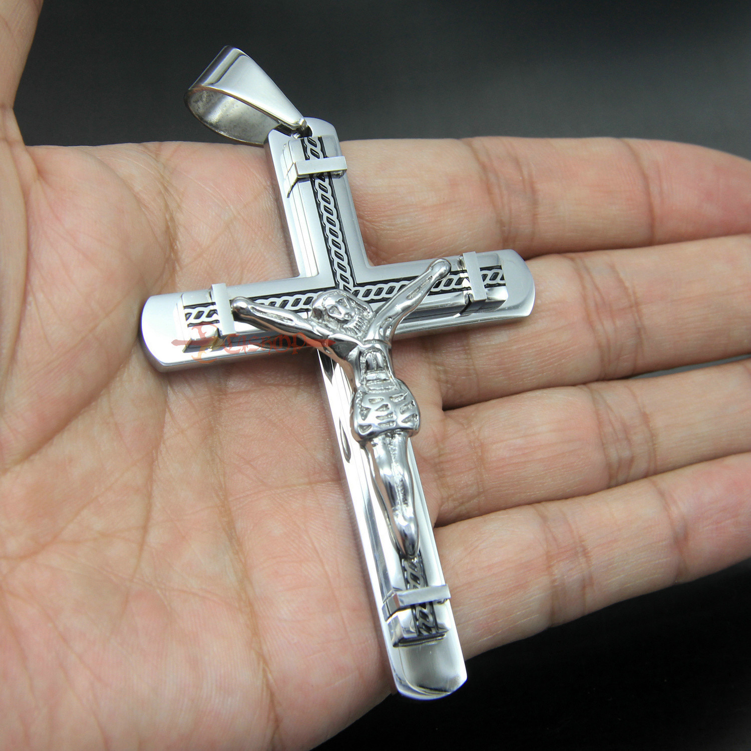 Heavy Catholic Jesus Christ INRI Cross Crucifix Stainless Steel Necklace Pendant