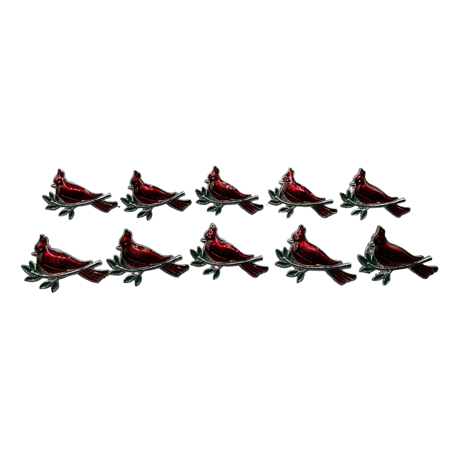Red Cardinal Bird Enamel Pins Silver Tone Set of 10 Holiday Nature Lapel Pins