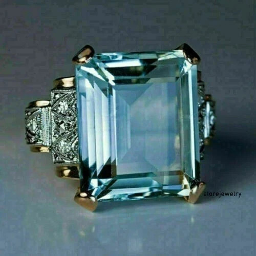 7.20 Ct Emerald Cut Natural Aquamarine & Diamond Wedding Ring 14K GOLD PLATED