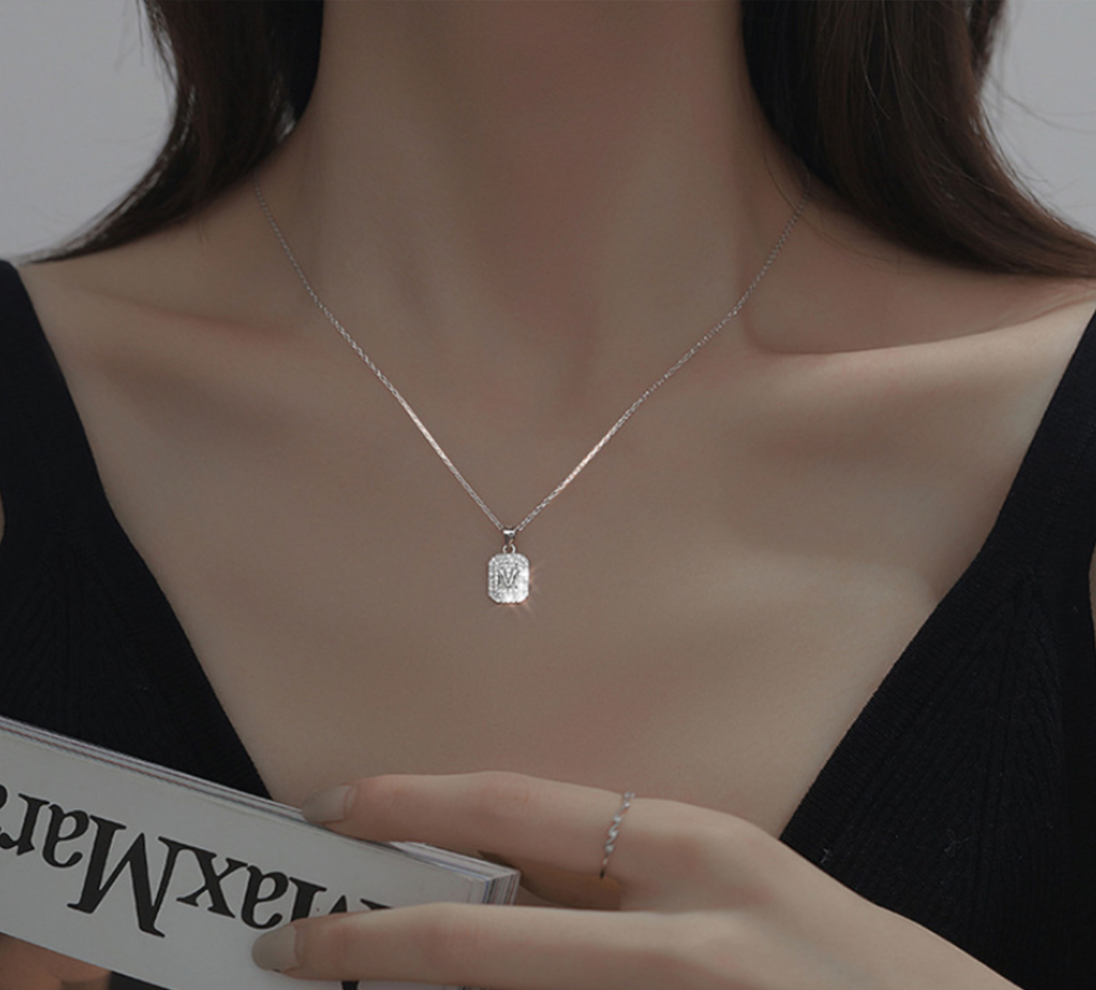 Titanium Gold Rectangular M-Shape Pave Cubic Zirconia Pendant Chain Necklace