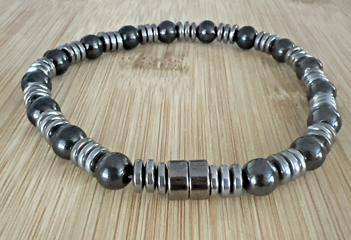 HANDMADE HIGH POWER 100% MAGNETIC HEMATITE BLACK/SILVER BRACELET MEN’S WOMEN’S