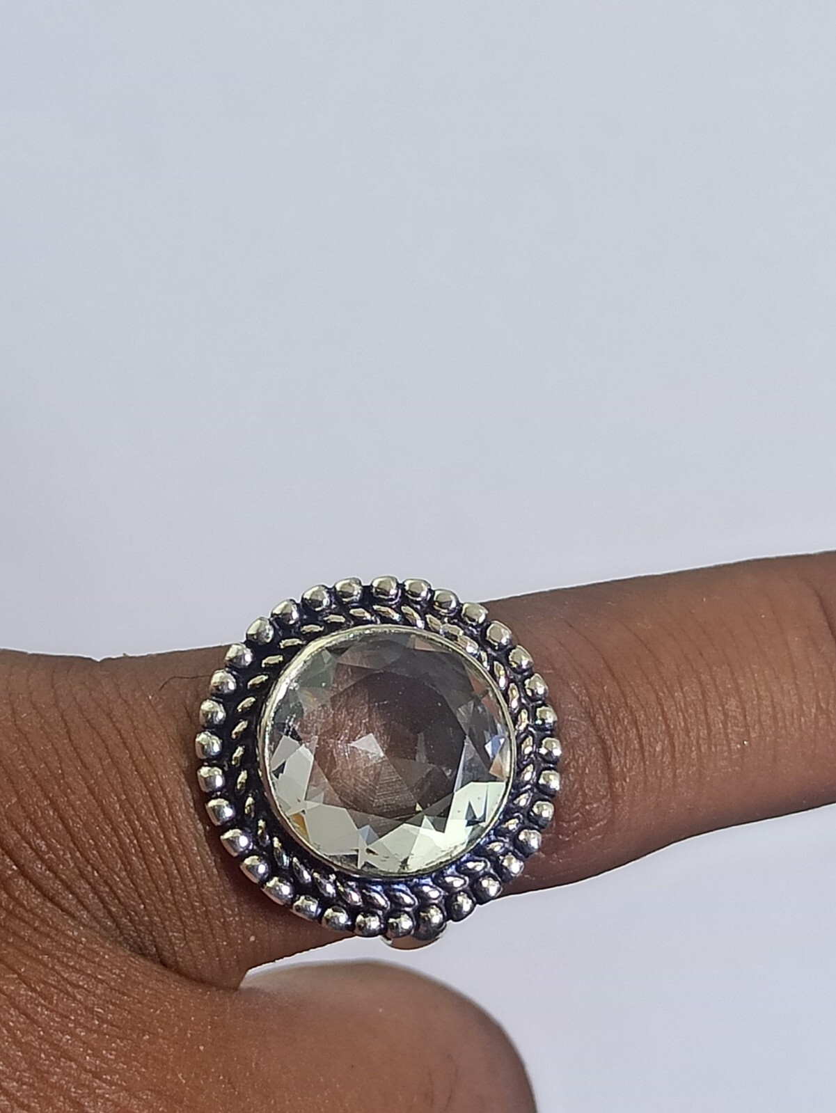 White Crystal Round Shape Gemstone Handmade Ring Jewelry Ring Size 8.7 Inches