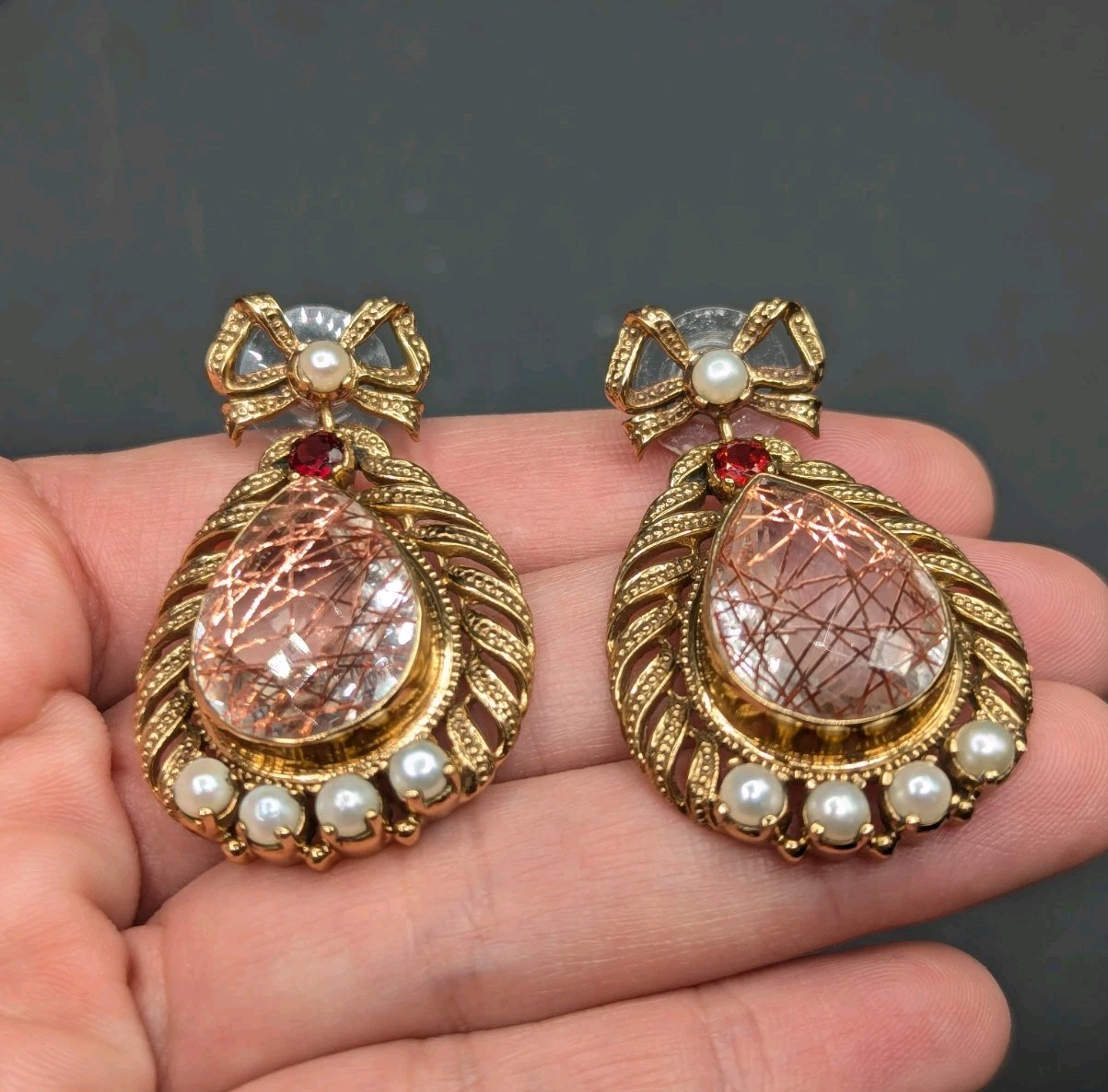 Nicky Butler NB Gold Tone Quartz Pearl Garnet Bow Drop Dangle Earrings 925 Posts
