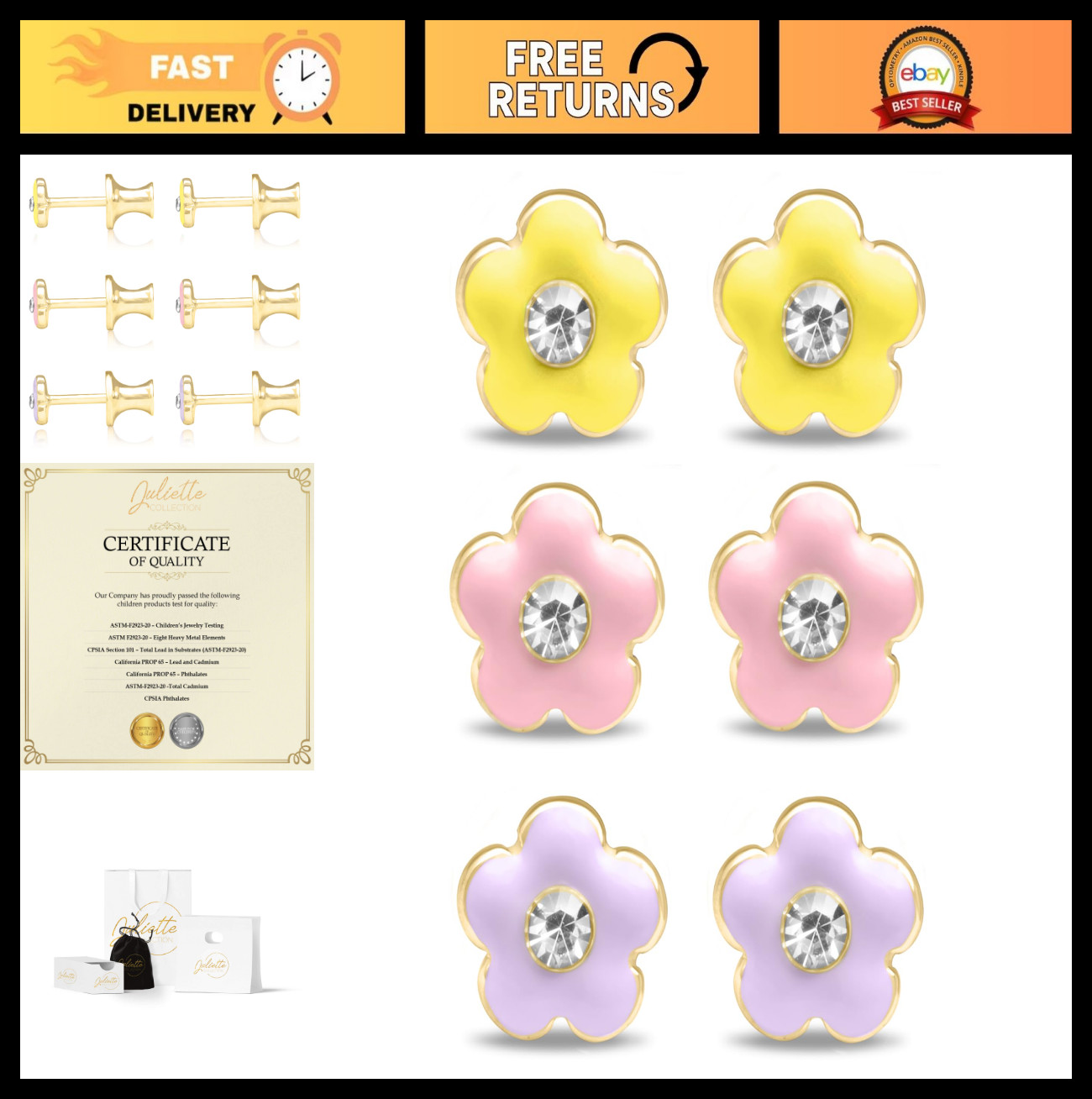 Gold Plated Enamel CZ Screw Back Stud Earrings – Small, Elegant, Fashion Jewelry