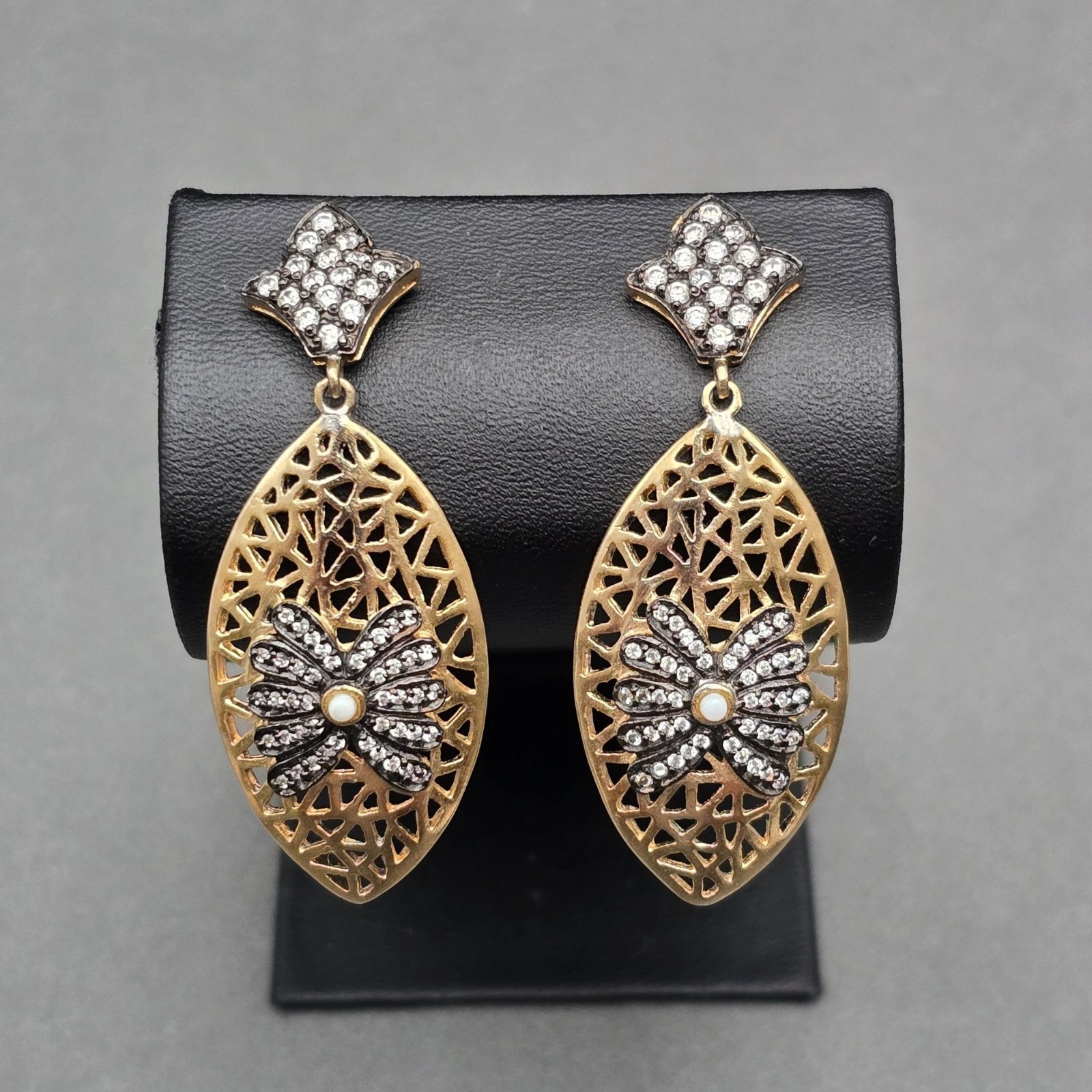 Esha Gold Plated Rhinestone Filigree Dangle Earrings 2.25″ Designer Modern Post
