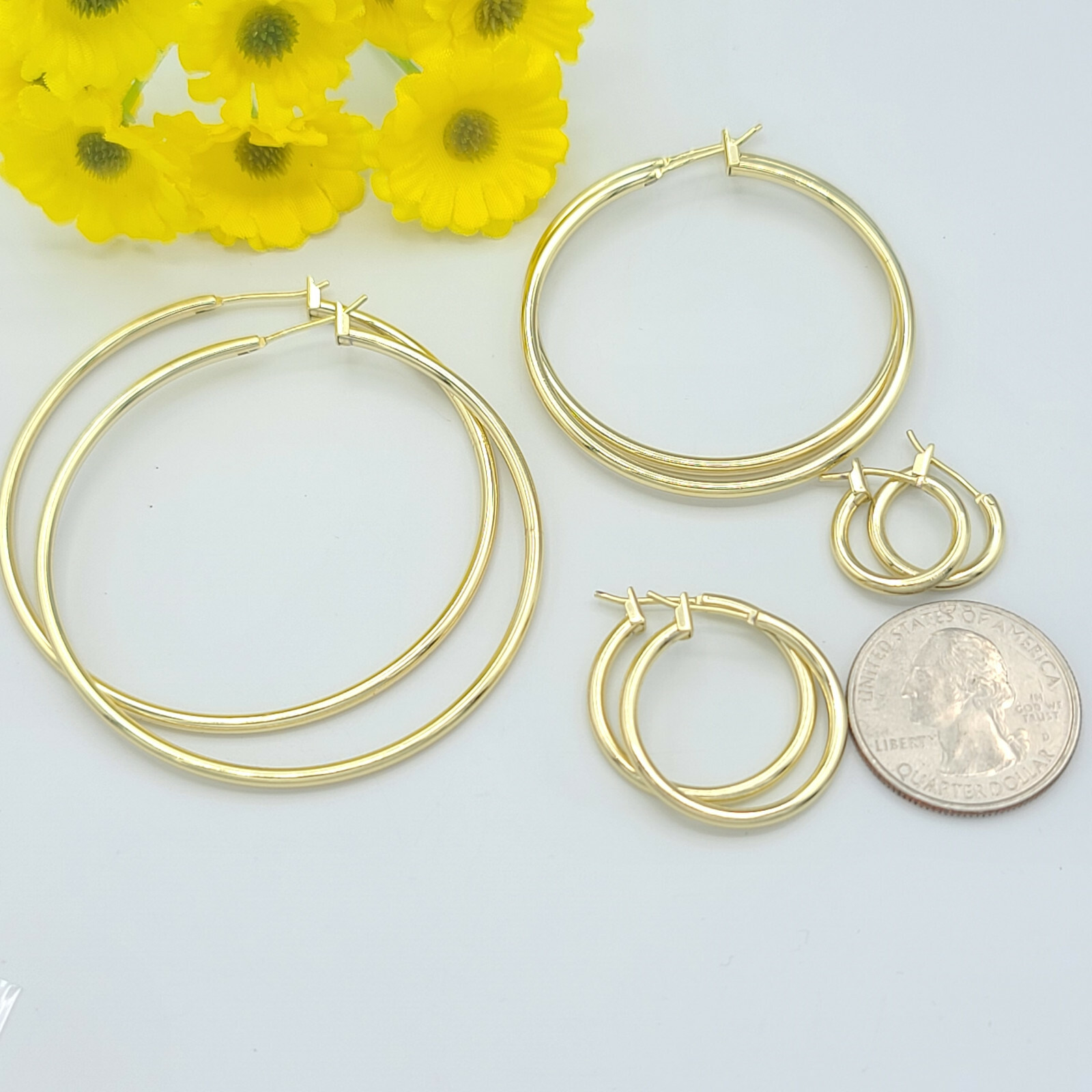 14K Yellow Gold Plated 2mm Thickness High Polished Hoop Earrings