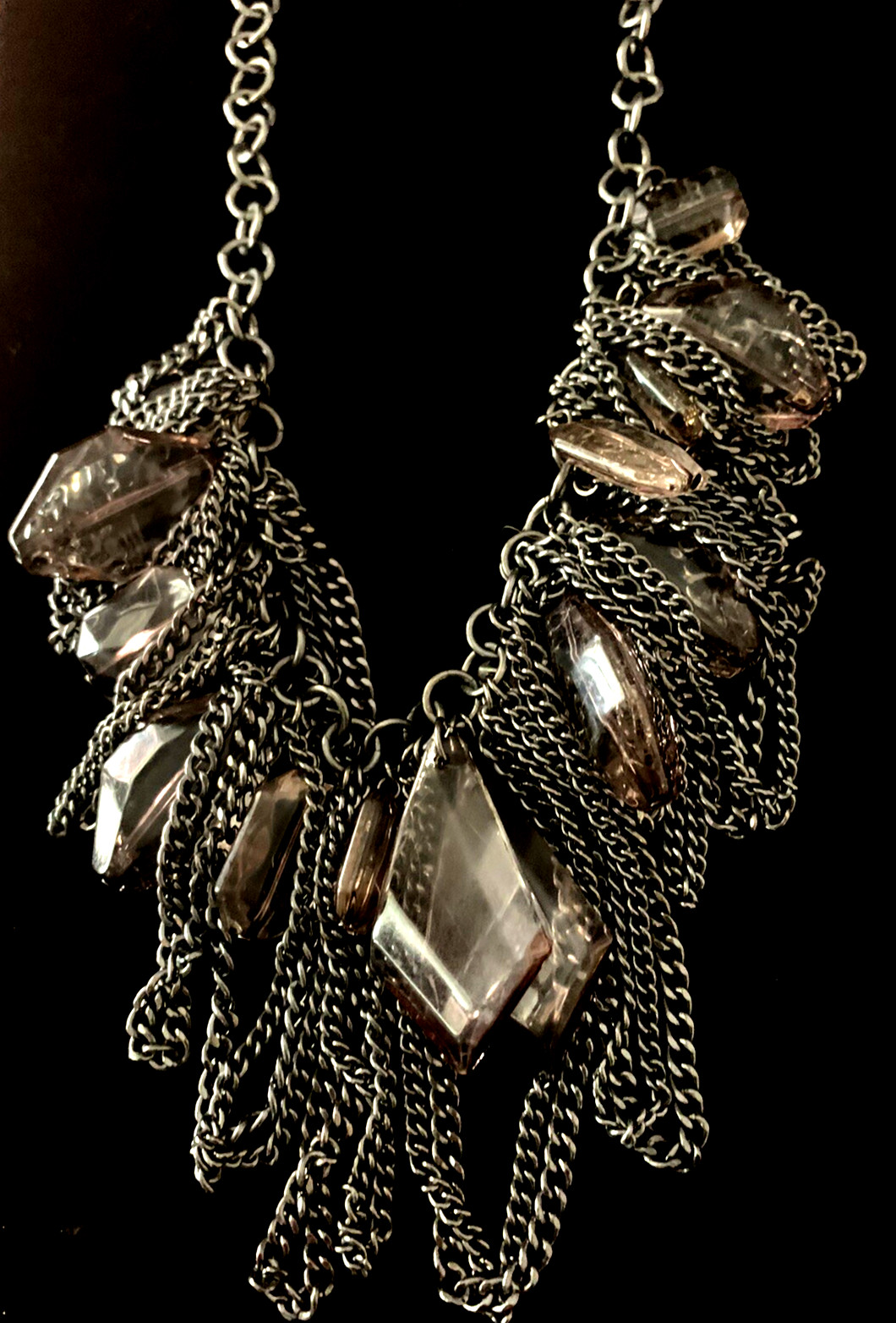Stunning Dark Silver w/ Dark Gray Crystal Like Gemstones Necklace